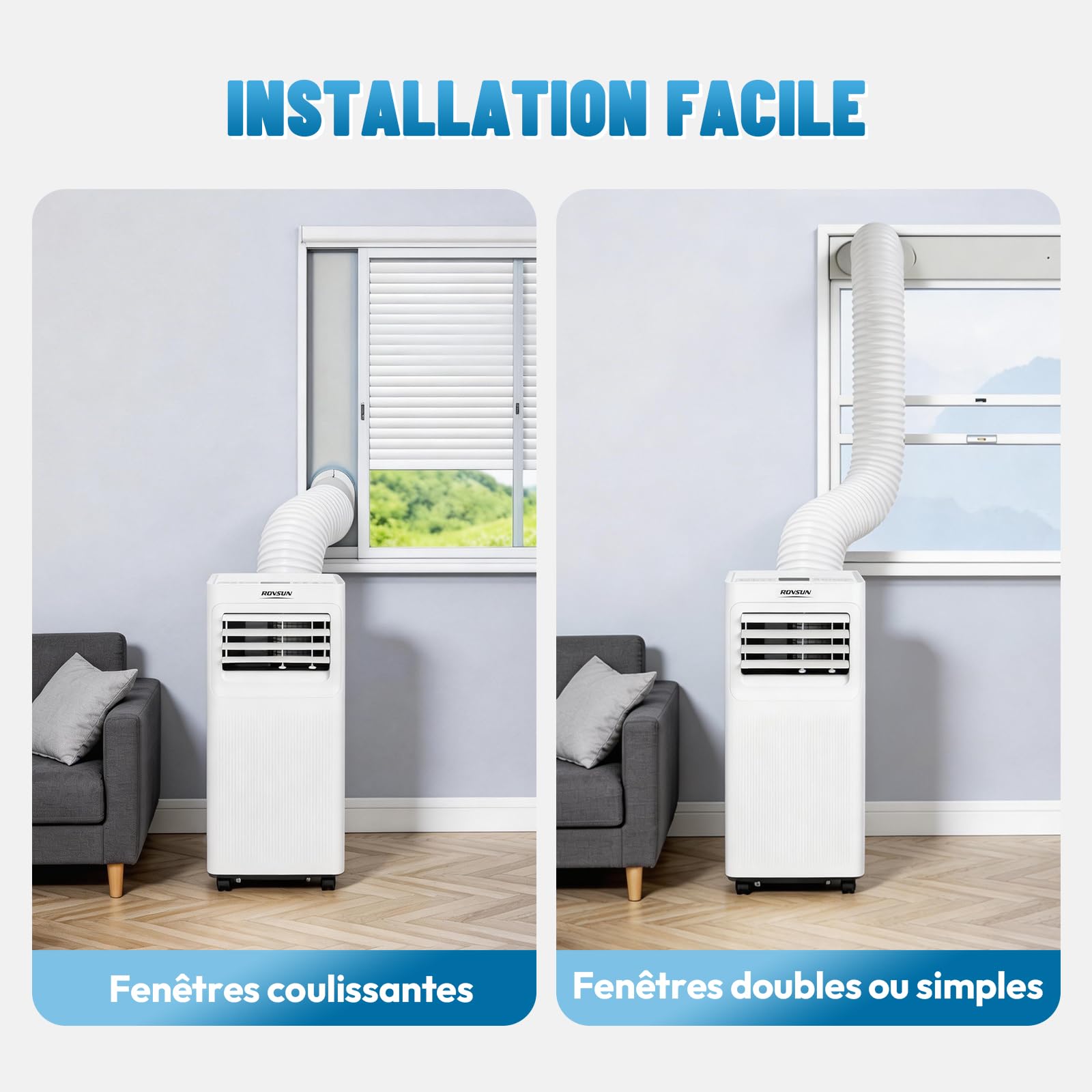 ROVSUN Climatiseur Mobile 7000 BTU 4 en 1 – Rafraîchissement, Ventilation, Déshumidification, Mode nuit Silencieux <65 dB, Minuterie 24h, Roulettes 360°, Télécommande + Wi-Fi, 20 m², Blanc, classe A