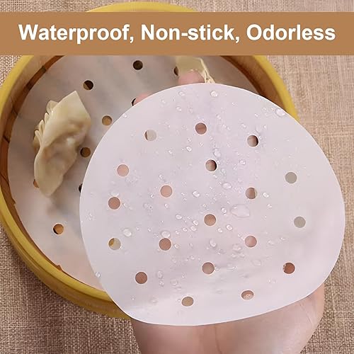 Miniatura 9 de 150 forros de freidora de aire, 10.0in de bambú para vapor, papel de pergamino perforado premium, estera antiadherente para vapor