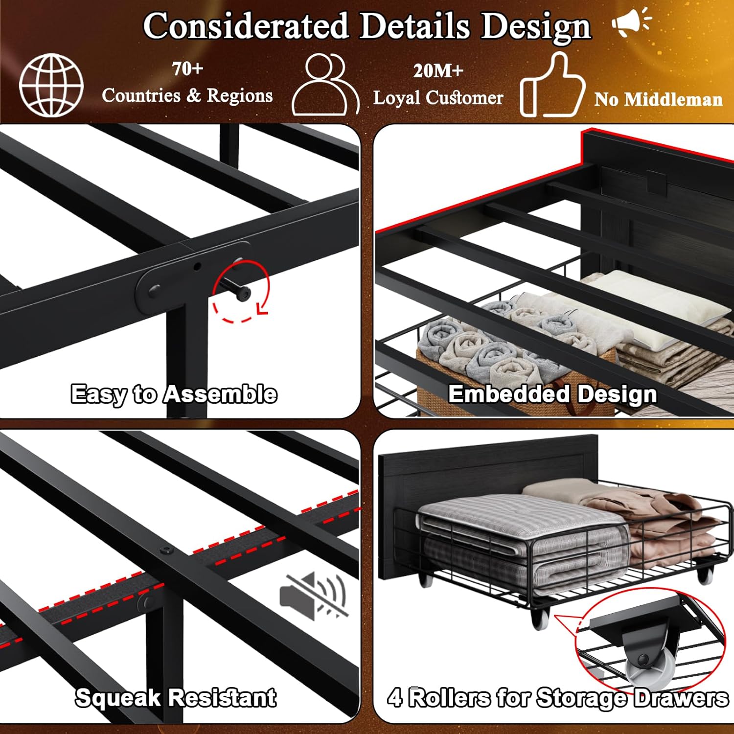 Queen Bed Frame with Storage Headboard, Farmhouse Platform Bed Frame with Bookshelf, Drawers, LED Lights and Charging Station, Metal Slats Support, Noise Free, No Box Spring Needed, Black
