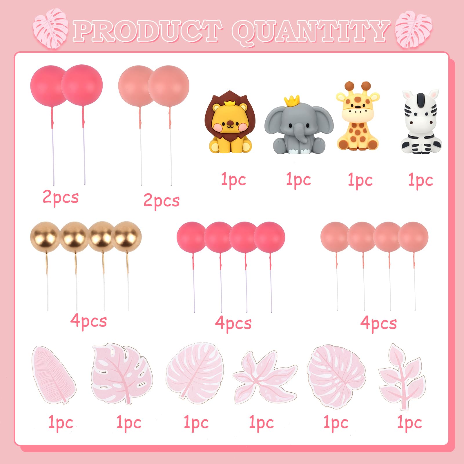 Cheereveal Jungle Animal Cake Decorations For Girls - Pink Leaves Theme, Cake Toppers, Figures, Ball Picks For Safari Birthday Party