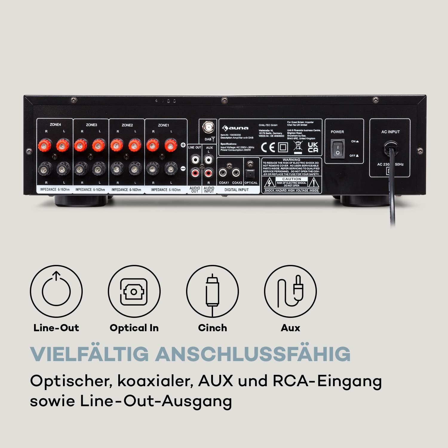 Auna AMP-4000 DAB HiFi-Stereo-Verstärker, DAB+-Radio, Stereo Verstärker, USB Fernbedienung, Amplifier mit LED-Display, HiFi schwarz-weiß