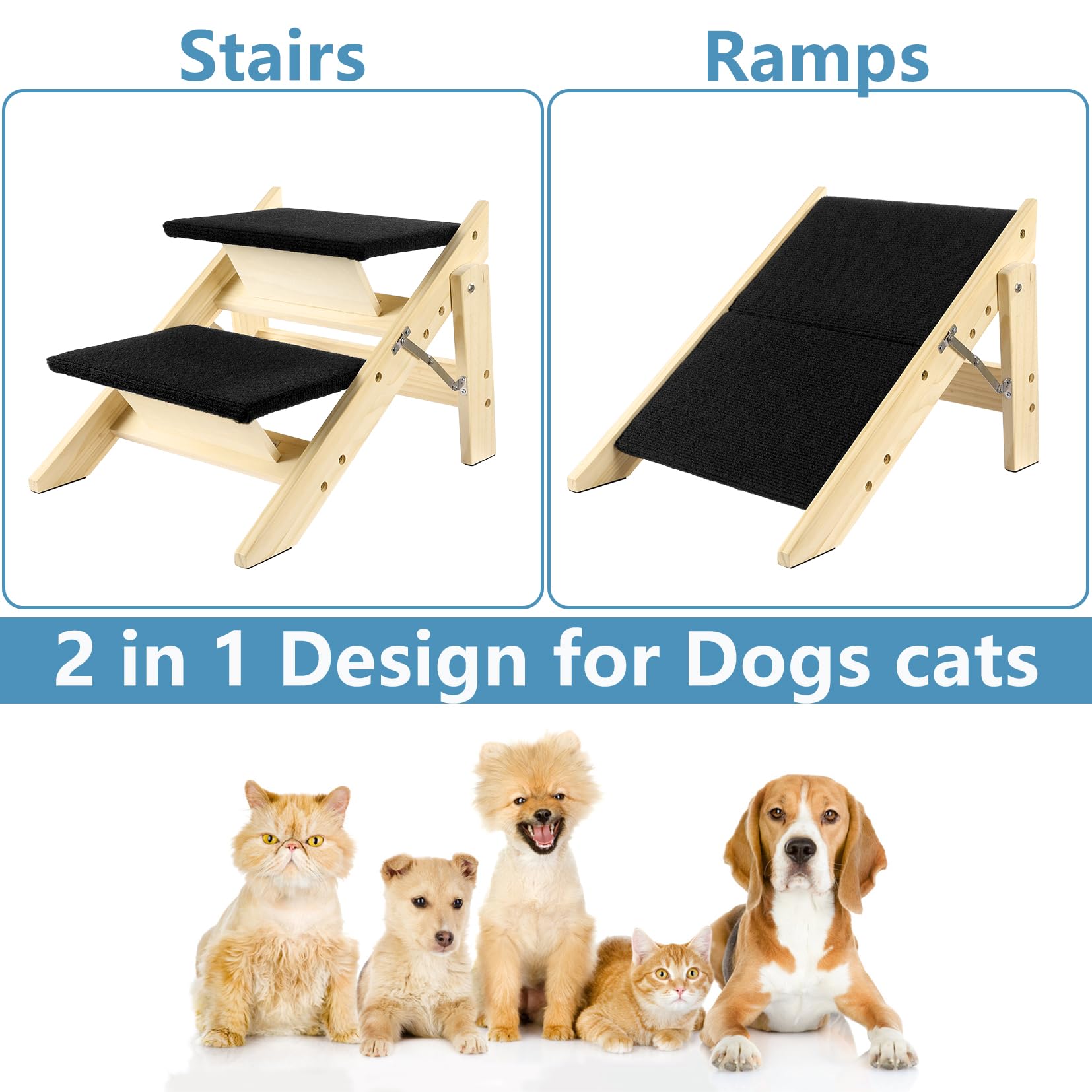 Rampa Pieghevole in Legno 2-in-1 per Cani con 2 Gradini, Scale Durevoli in Legno per Cani/Gradini per Animali Domestici per Cani di Piccola e Media Taglia, Scale per Animali Domestici-IT