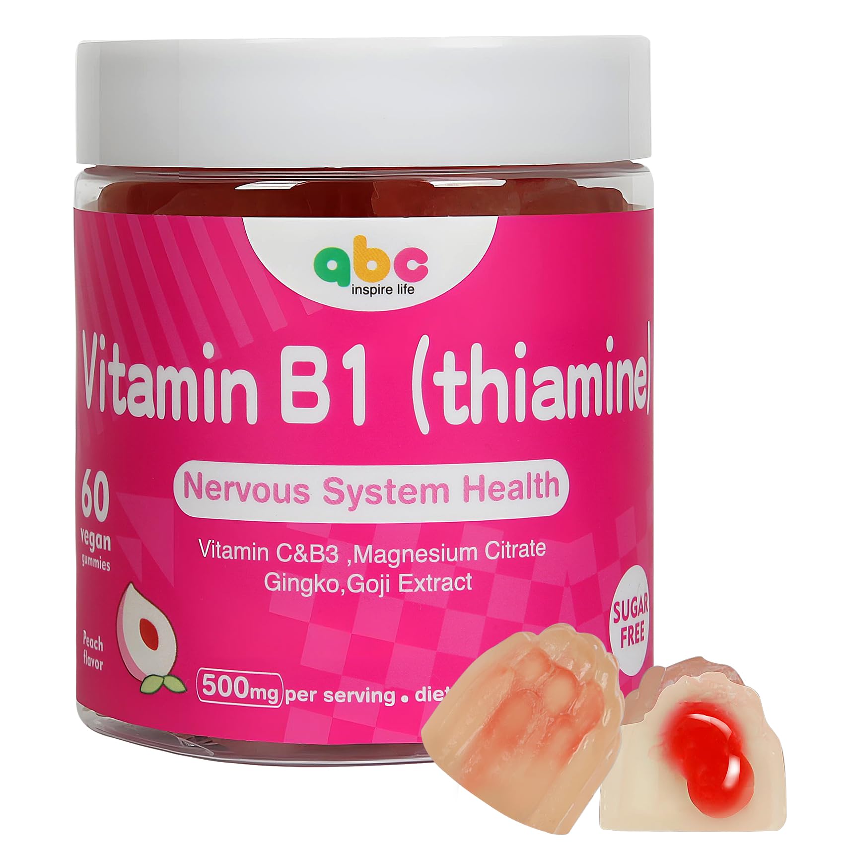 Vitamin B1 Gummies Chewable Thiamine 500mg & Vitamin B3 & Vitamin C,Sugar Free - Non GMO,Vegan,Natural Peach Flavor - Thiamine B1 Supplement for Adults & Kids