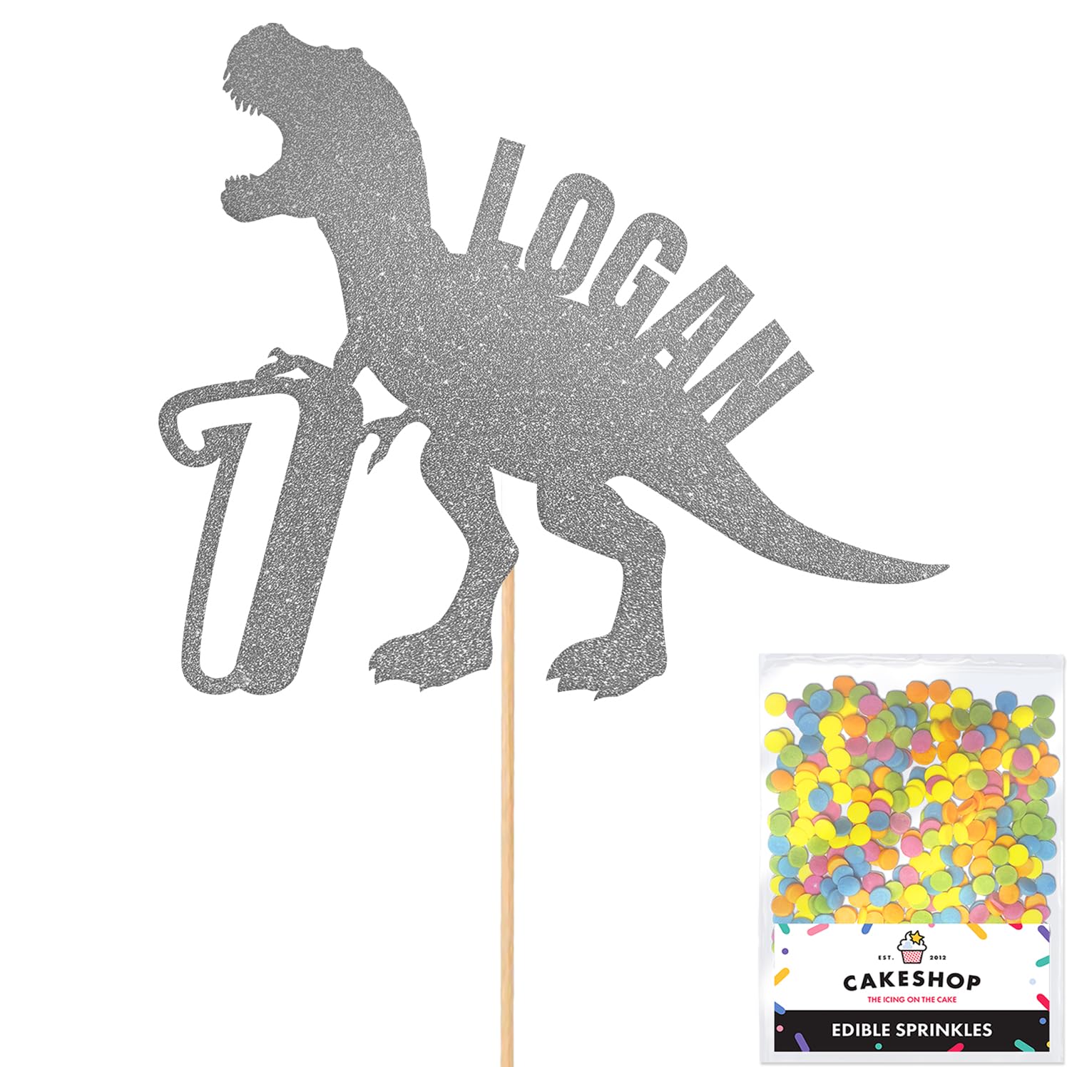 Personalised Birthday Dinosaur Glitter Cake Topper- Dark Silver Any Name & Age Glitter Cake Decoration and Sprinkles - Happy Birthday Decorations - Personalised Toppers for Cakes by Cakeshop — image 1