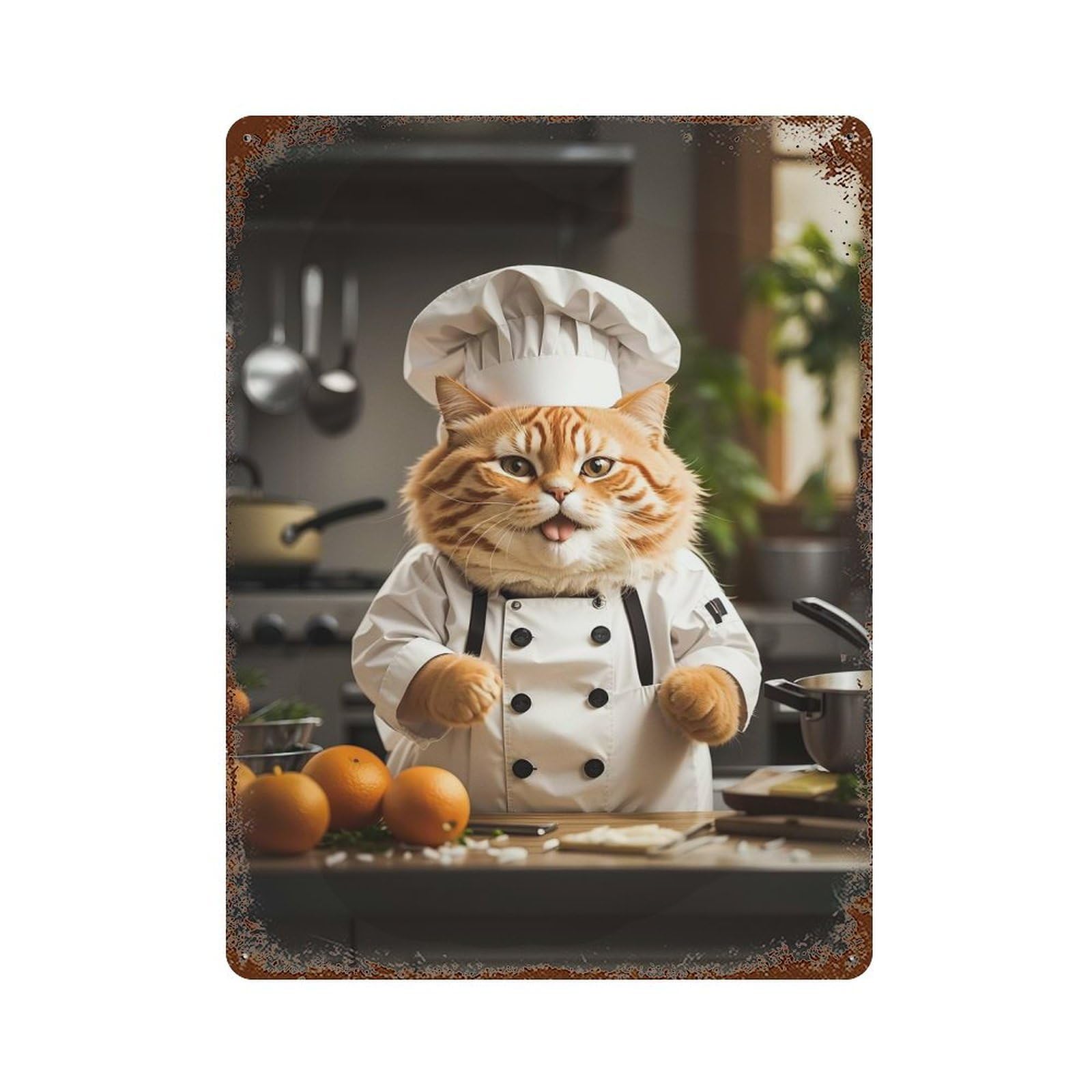 Fat Cat Chef 15.7"x11.8" Weathered Tin Sign, Rustic Home Decor for Living Room, Hallway And Home Decor