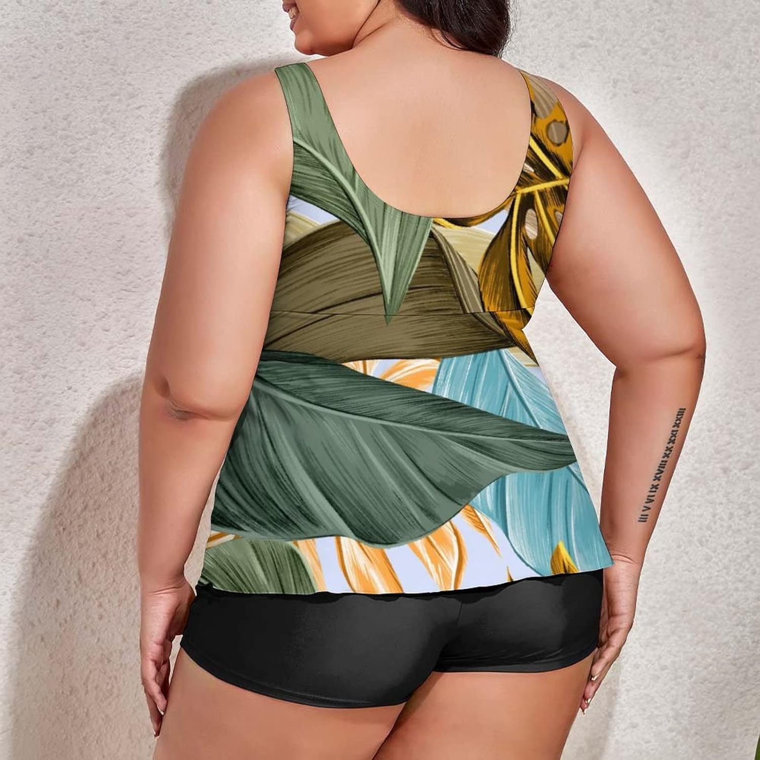 Plus Size Tankini Swimsuit for Women Tropical Banana Palm Monstera Leaves Tankini Bathing Suit Tummy Control Swimdress Two Piece Tropical Tree Plant Swimsuits Swim Top Shorts