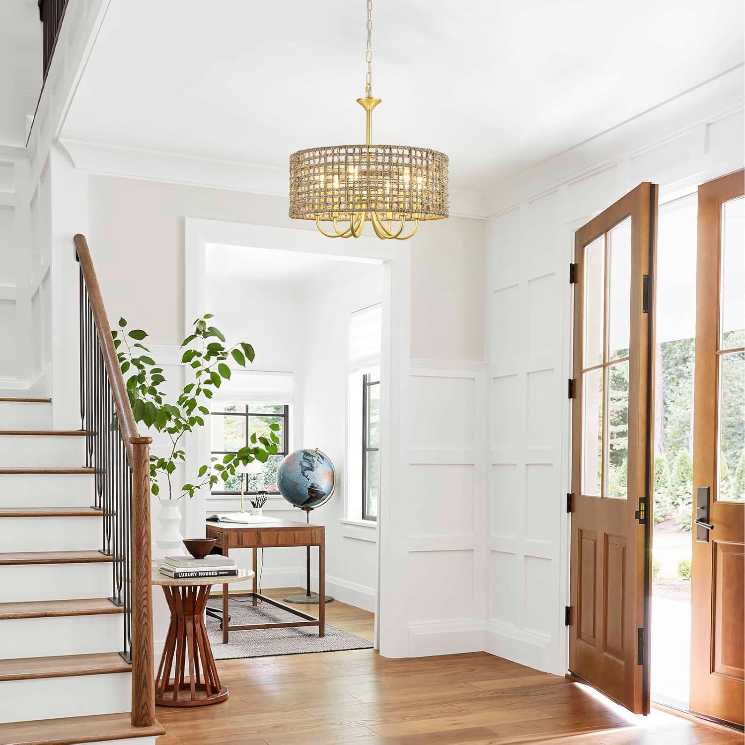 Boho Hand Woven Rattan Chandelier 6 Lights Farmhouse Golden Chandelier, 17.7'' Coastal Drum Wicker Chandeliers for Dining Room Kitchen Living Room Entryway Bedroom