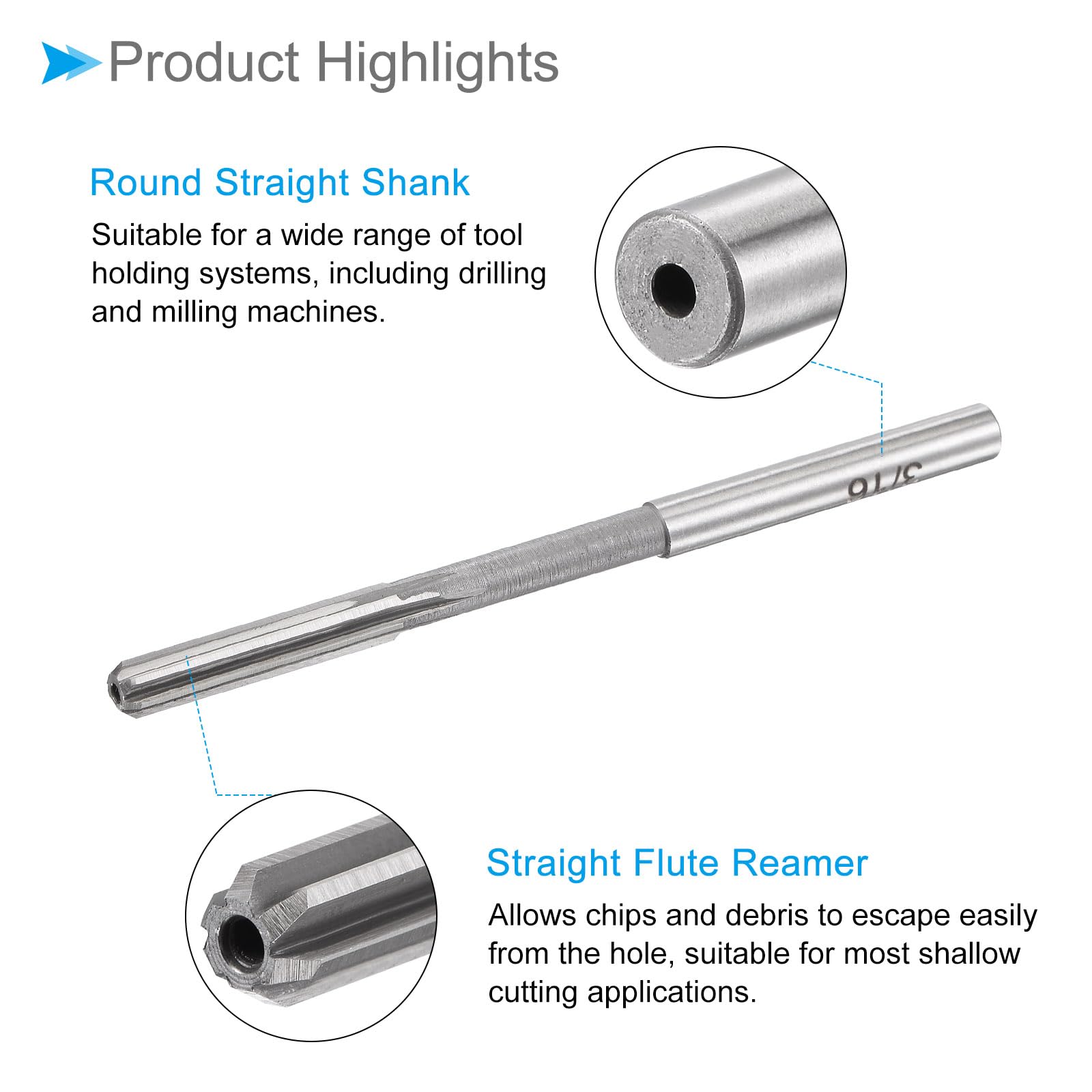 CoCud Chucking Machine Reamer, 3/16" Cutting Dia., High Speed Steel Cutter Tool - (Applications: for Aluminum Copper), 2-Pieces - Image 4