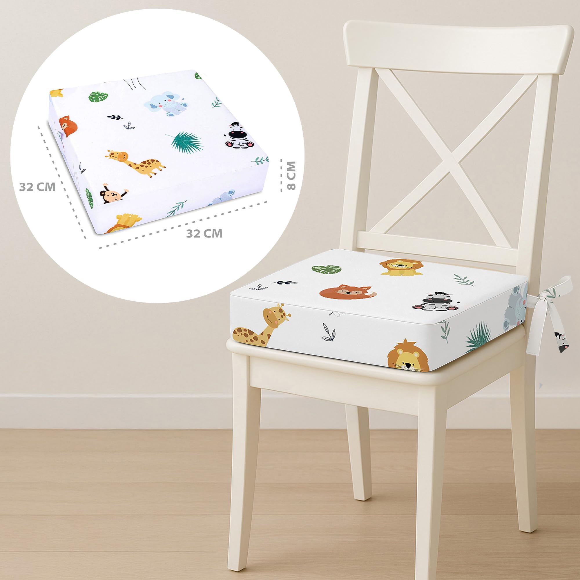 Rehausseur chaise enfant 32x32x8 cm - Coussin réhausseurs chaises haute pour enfants voyage e maison Réhausseur en mousse avec taie d'oreiller lavable Safari