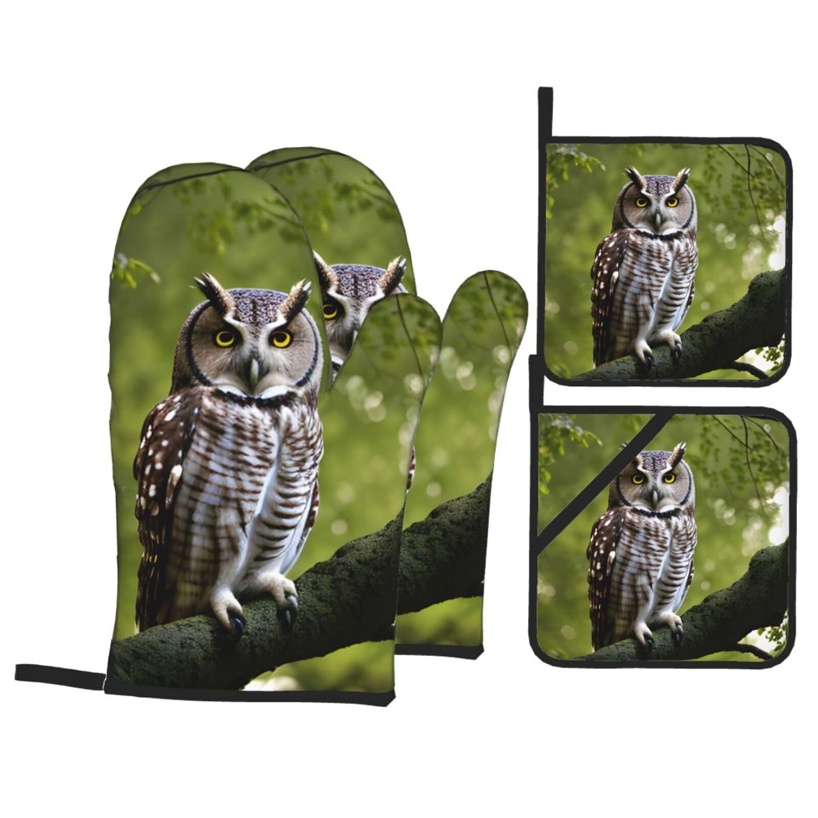 Owl Tree Branches Print 4-Piece Heat-Resistant Oven Waterproof Kitchen Gloves Cooking Roasting Essential