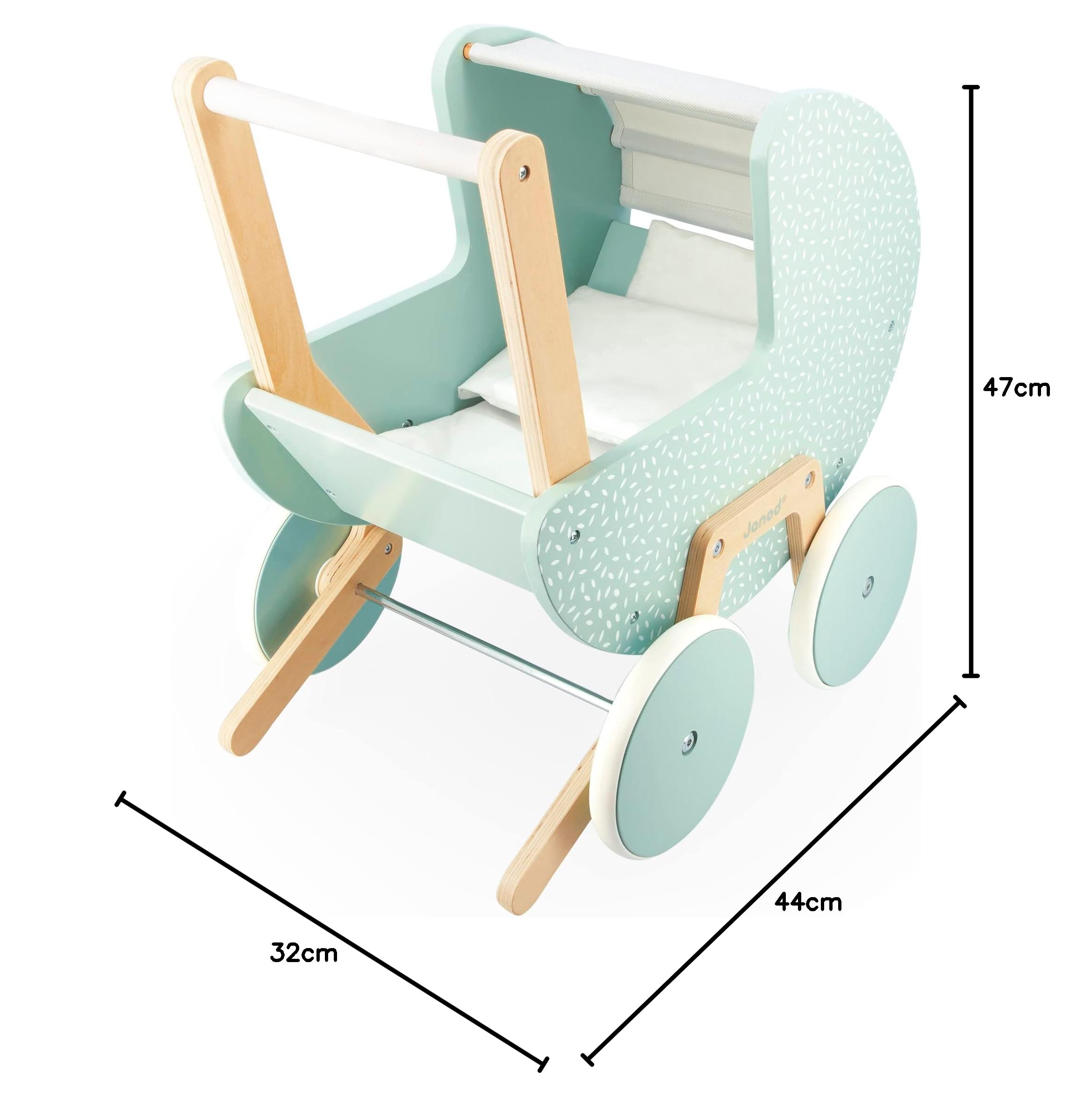Janod - Carrozzina Zen in Legno FSC - Giocattolo di Imitazione - Carrozzina per Bambole - con Cuscino e Copertina - dai 18 Mesi, J05900