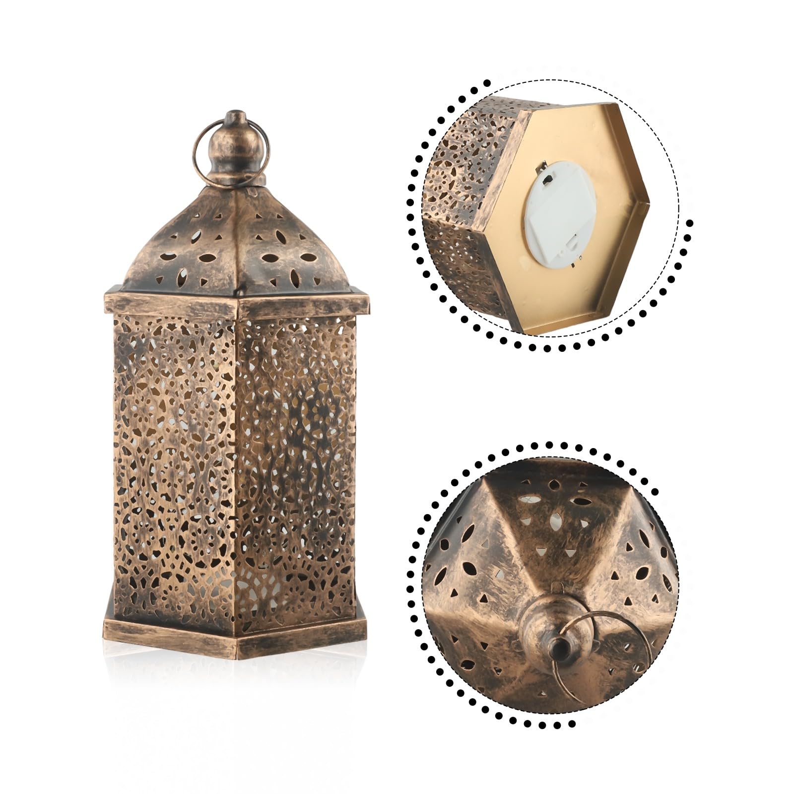 Lanterne da appendere in stile marocchino, in metallo, effetto ottone, stile marocchino, portacandele a LED, lanterna in ferro per ogni occasione o ambiente (grande)