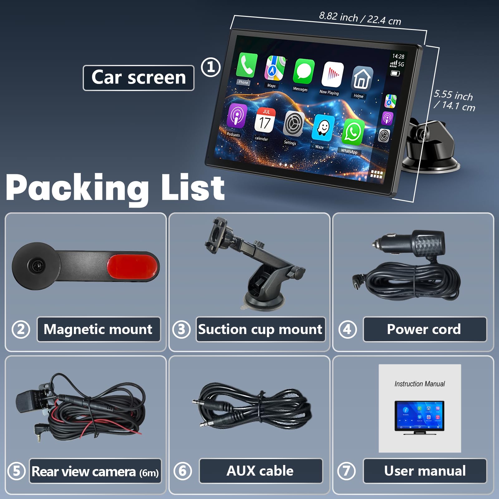 Ekran Carplay 9'' do samochodu, bezprzewodowa Carplay i Android Auto, obrotowy ekran do odtwarzania samochodu z kamerą cofania 1080P, ekran samochodowy Android z łączem lustrzanym, Bluetooth