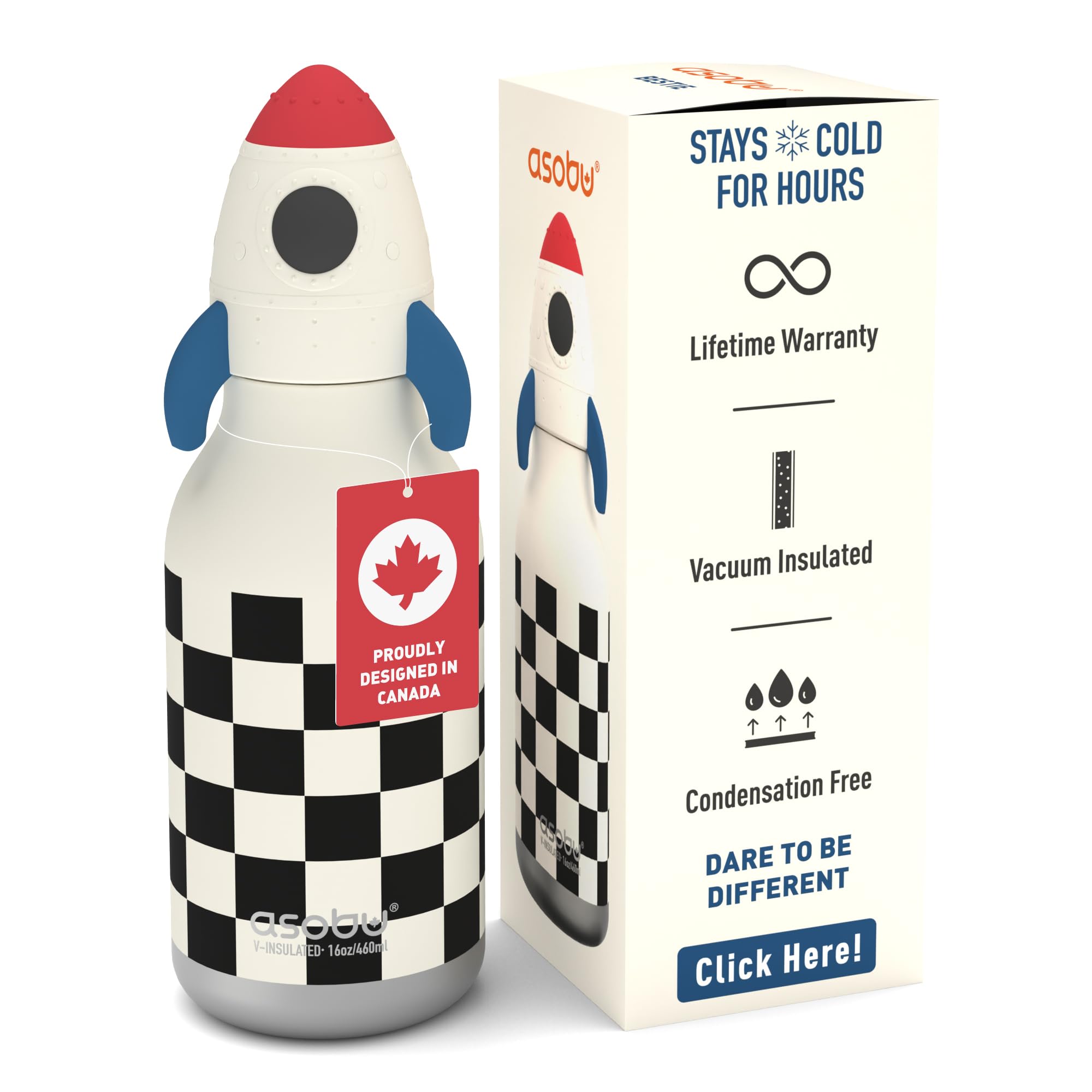 asobu Bestie Rocket Checker Kids Straw Bottle Leakproof Stainless Steel Design 500 ml, 473 ml