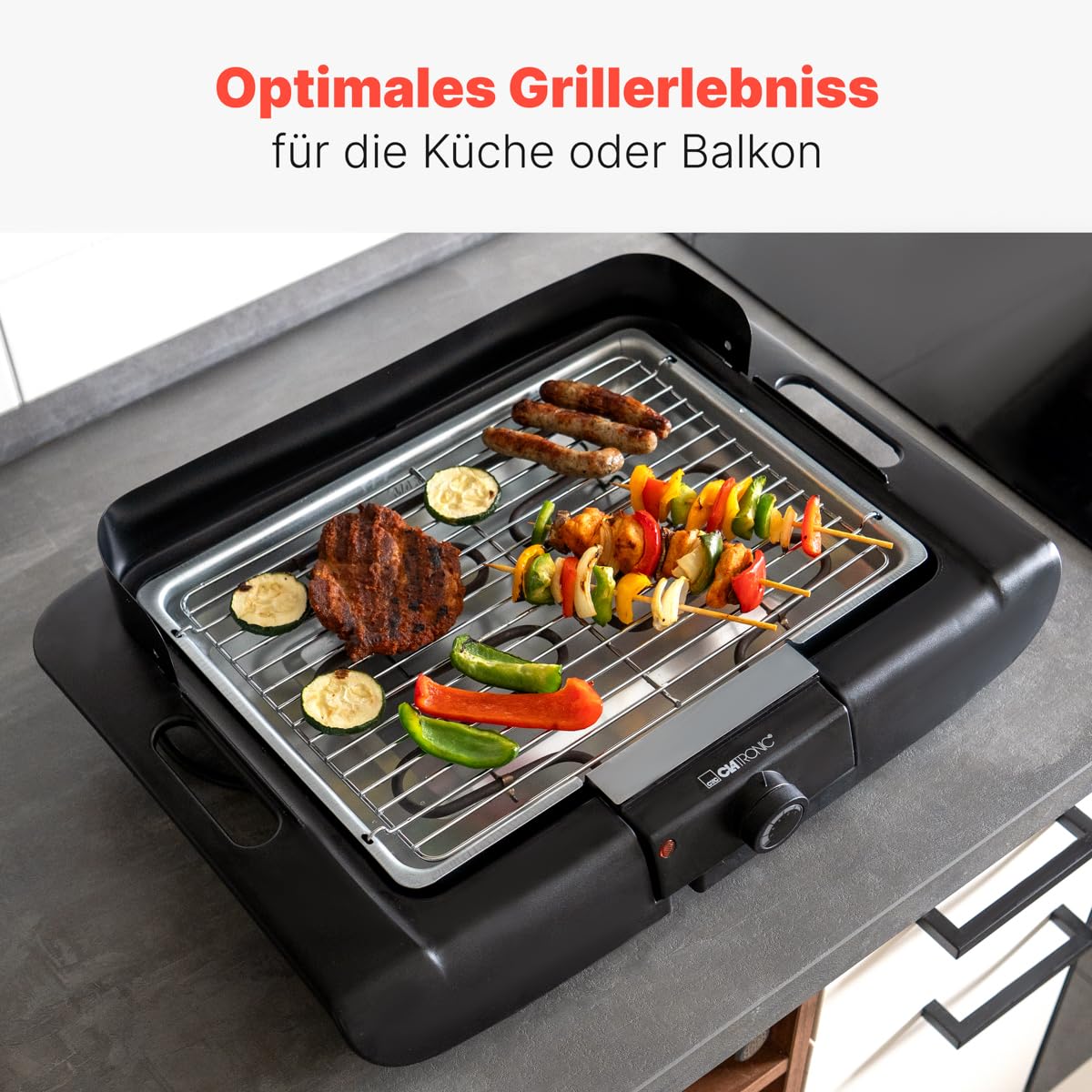 Clatronic Gril électrique BQ 3507, Barbecue de table,Indoor-Outdoor BBQ,petit,gril de table électrique pour balcon/camping/jardin,grille,protection contre le vent,surface de gril: 36x25 cm, 2000 watts