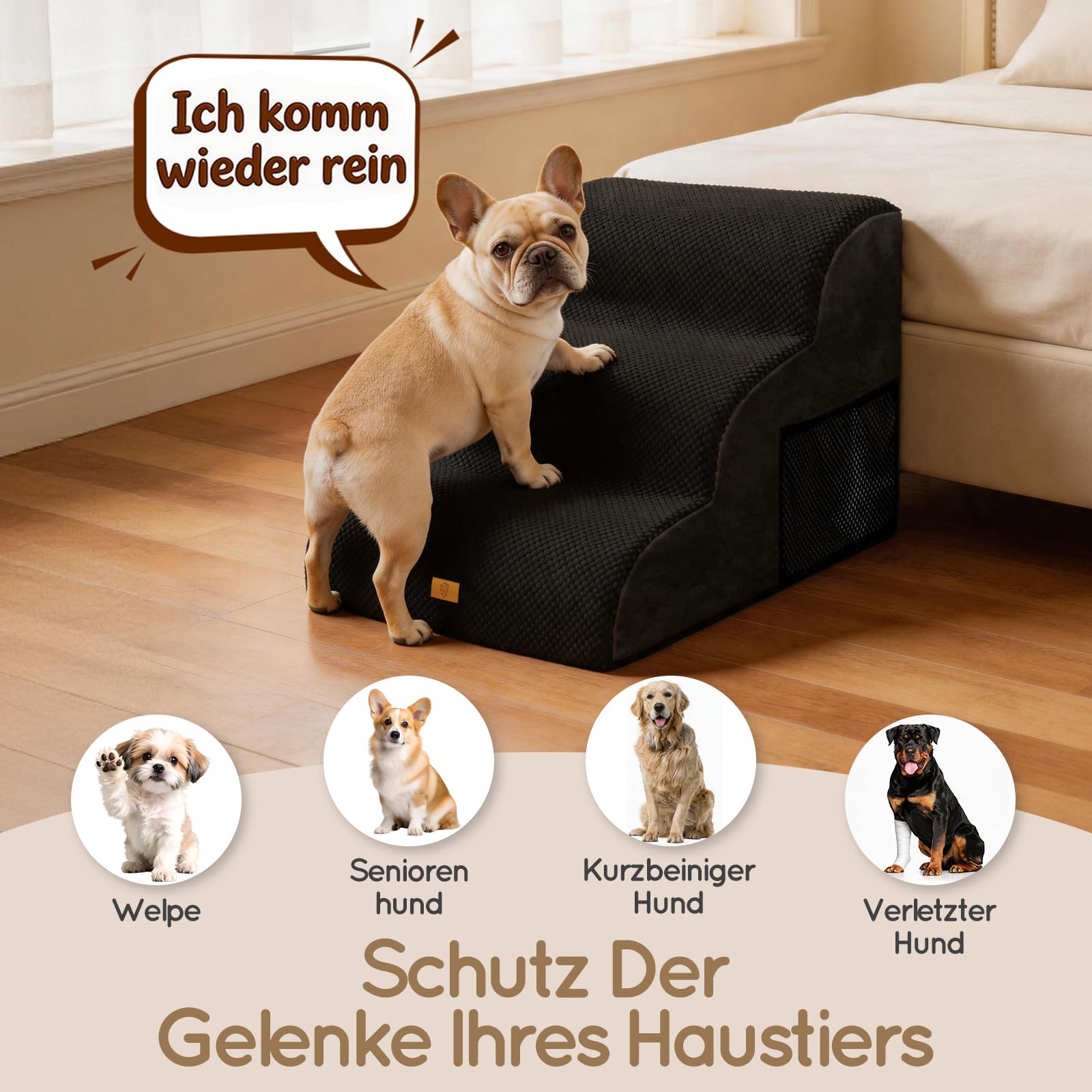 Escalera para Perros pequeños, Escalera para Mascotas, 3 peldaños, Esponja de Alta Densidad, 40 cm de Alto con Funda Impermeable, Antideslizante para sofá Cama, Color Negro
