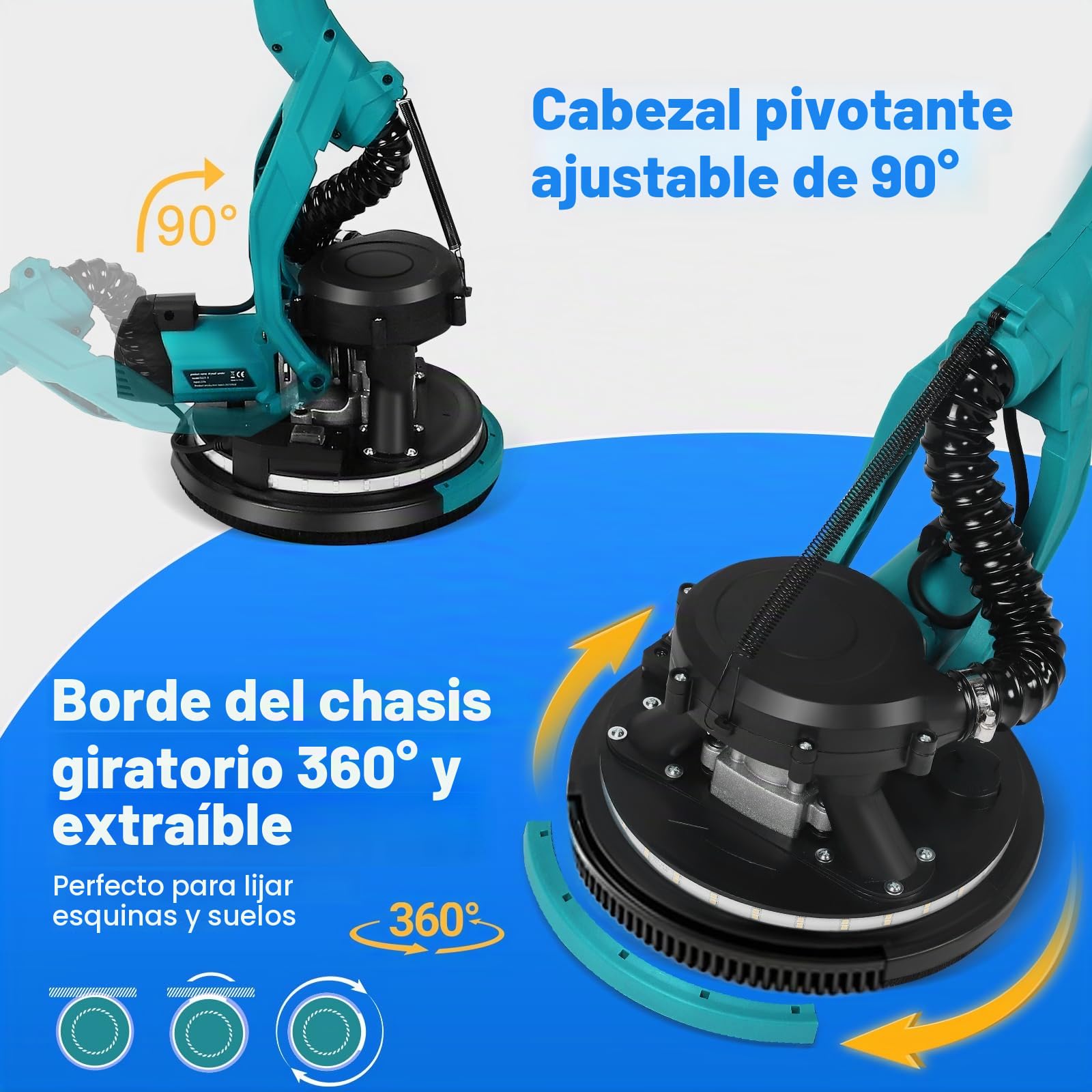 Lijadora para pared 850 W con jirafa telescópica, 5 velocidades ajustables (800-2100 rpm), cabezal de rectificado Ø 215 mm inclinable a 90° y luz LED