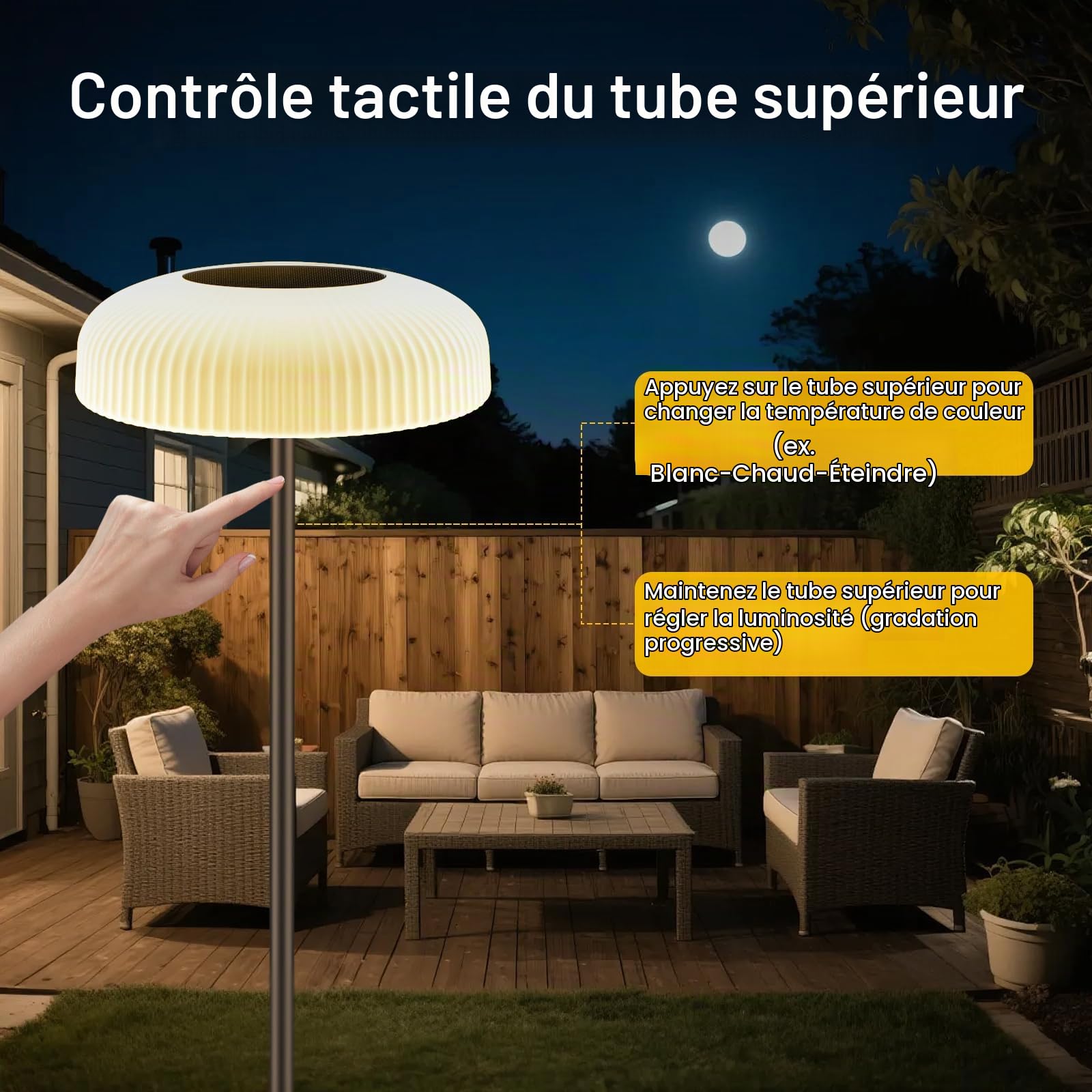 Lampadaire solaire, lampe solaire d'extérieur, 150cm | chargement USB-C, avec commande gestuelle, 10 niveaux et 2 températures de couleur, étanche, adapté aux jardins et terrasses