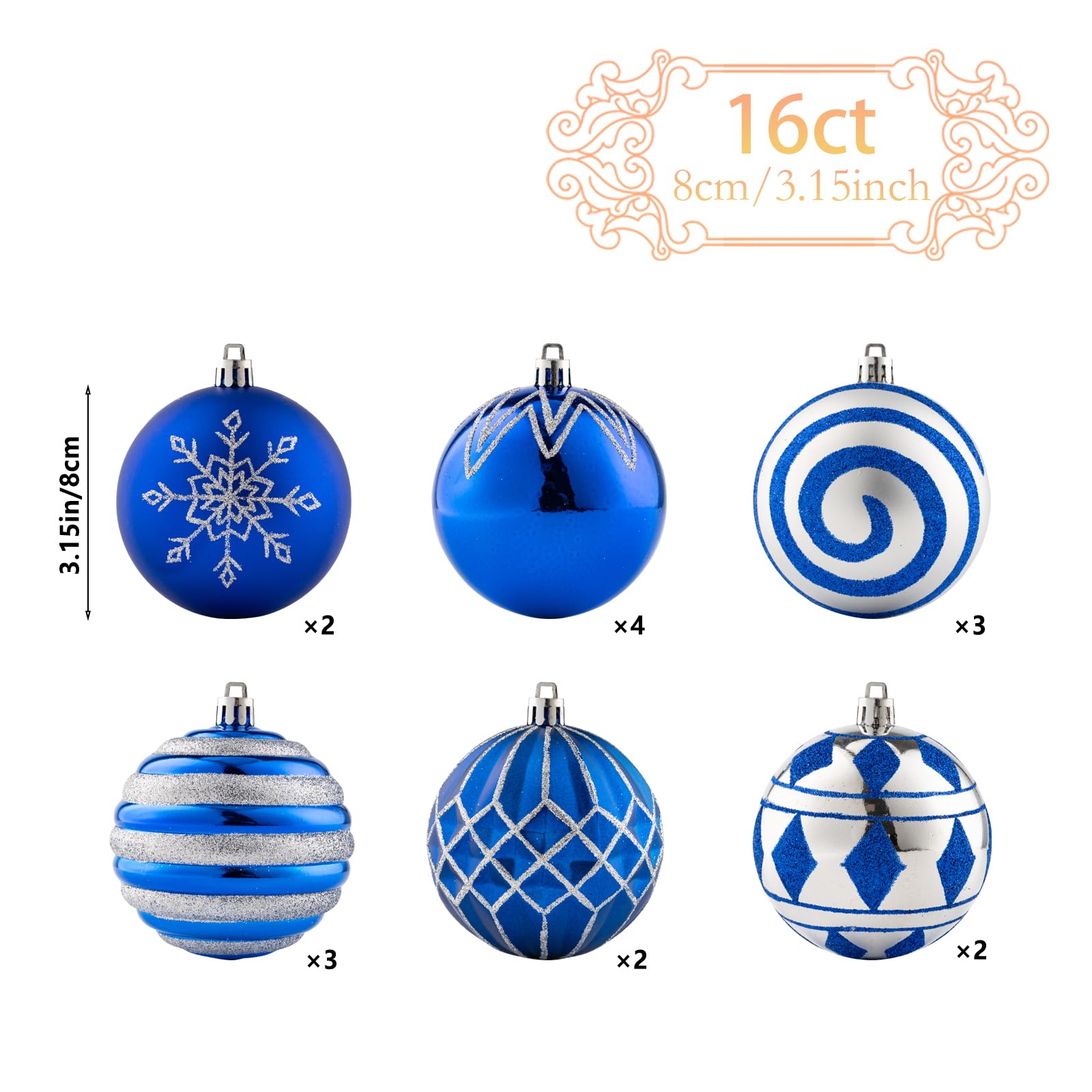 16 blaue und silberne Weihnachtsschmuck, 80 mm, große Weihnachtskugeln mit künstlerischer Malerei, bruchsichere Kunststoff-Hängeornamente für Weihnachten/Festival/Party (Blau und Silber)