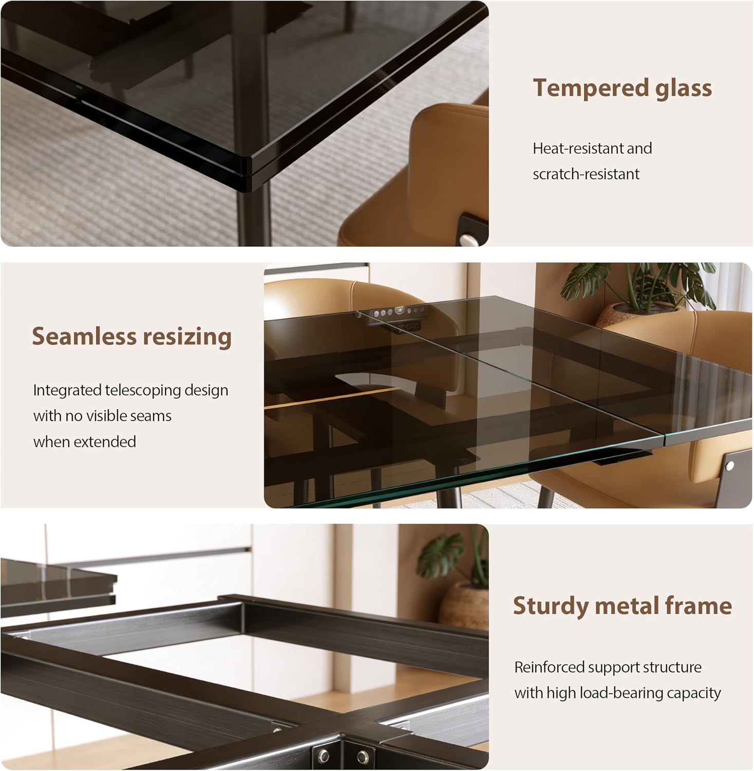 62.99-94.48" Extendable Dark Tempered Glass Dining Table, Scratch-Resistant Glass Top & Metal Frame, Seats 8-10, Modern Minimalist Dining Furniture for Family & Entertaining