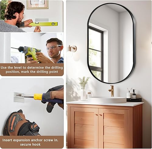 Miniatura 7 de Espejo ovalado negro, espejo de baño ovalado de 17 x 30 pulgadas, espejo de tocador con marco de metal cepillado, espejos de montaje en pared para