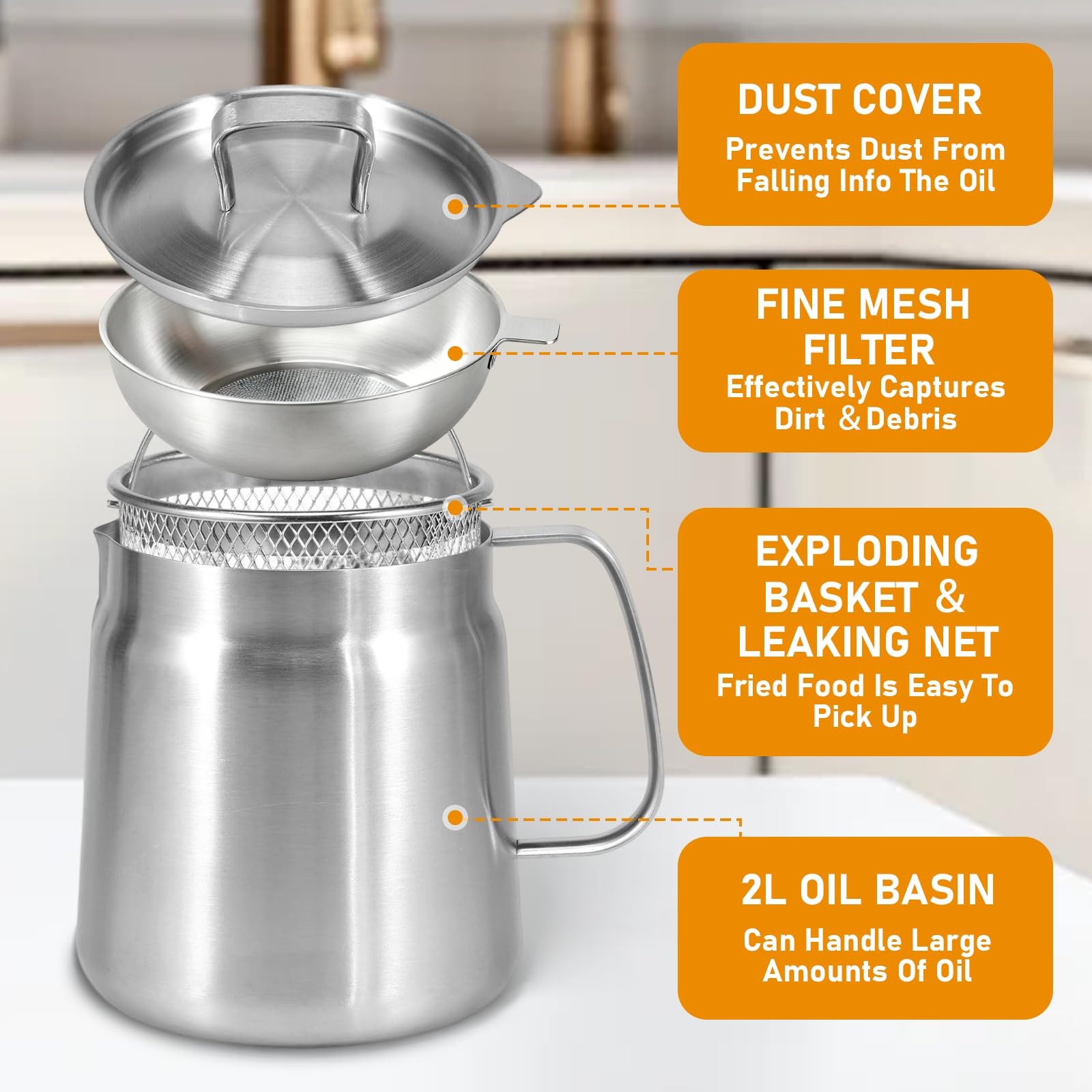 Passoire pour friteuse, pot de filtre à huile en acier inoxydable 304 avec panier filtrant, couvercle anti-poussière et plateau antidérapant avec poignée, récipient à graisse bacon, réservoir de