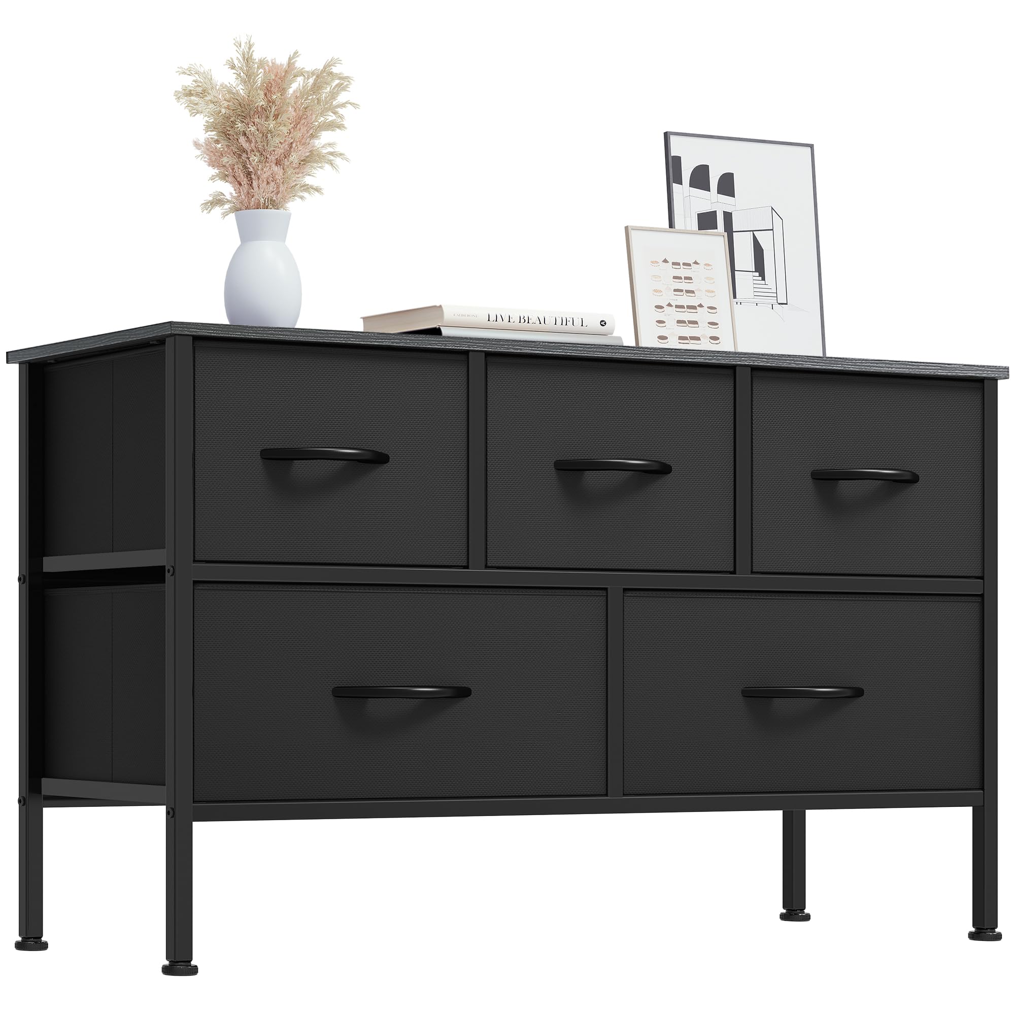 YITAHOME26.6''H 5-Drawer Dresser, Elevated Fabric Storage Tower, Organizer Unit for Bedroom, Living Room, Closets - Sturdy Steel Frame, Wooden Top, 39.4" W x 11.8" D x 26.6" H (Chic Black)