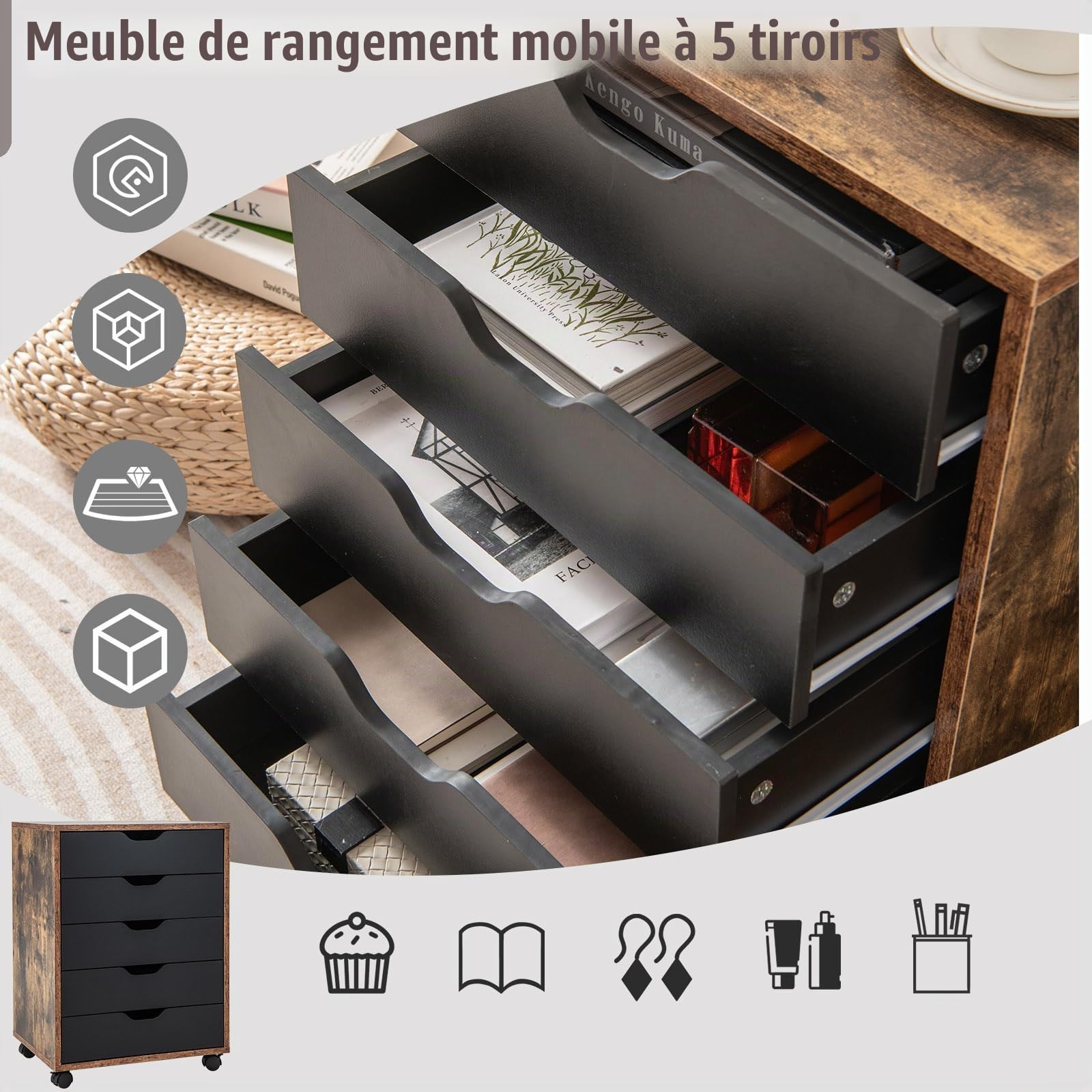 KOMFOTTEU Commode à 5 Tiroirs, Caisson de Rangement Mobile avec 4 Roulettes Universelles, Classeur Vertical en Bois, pour Salon, Chambr, Bureau, Étude, 49 x 42 x 66 cm (Marron rustique)