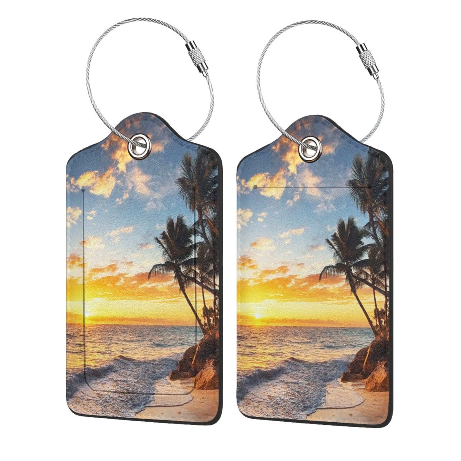 Sunset Beach 2 Pack Luggage Tag for Suitcase Label Cute Unique Leather Suitcase Tags Identifiers with PU Privacy Name Address Labels & Durable Steel Loop for Women Men Travel
