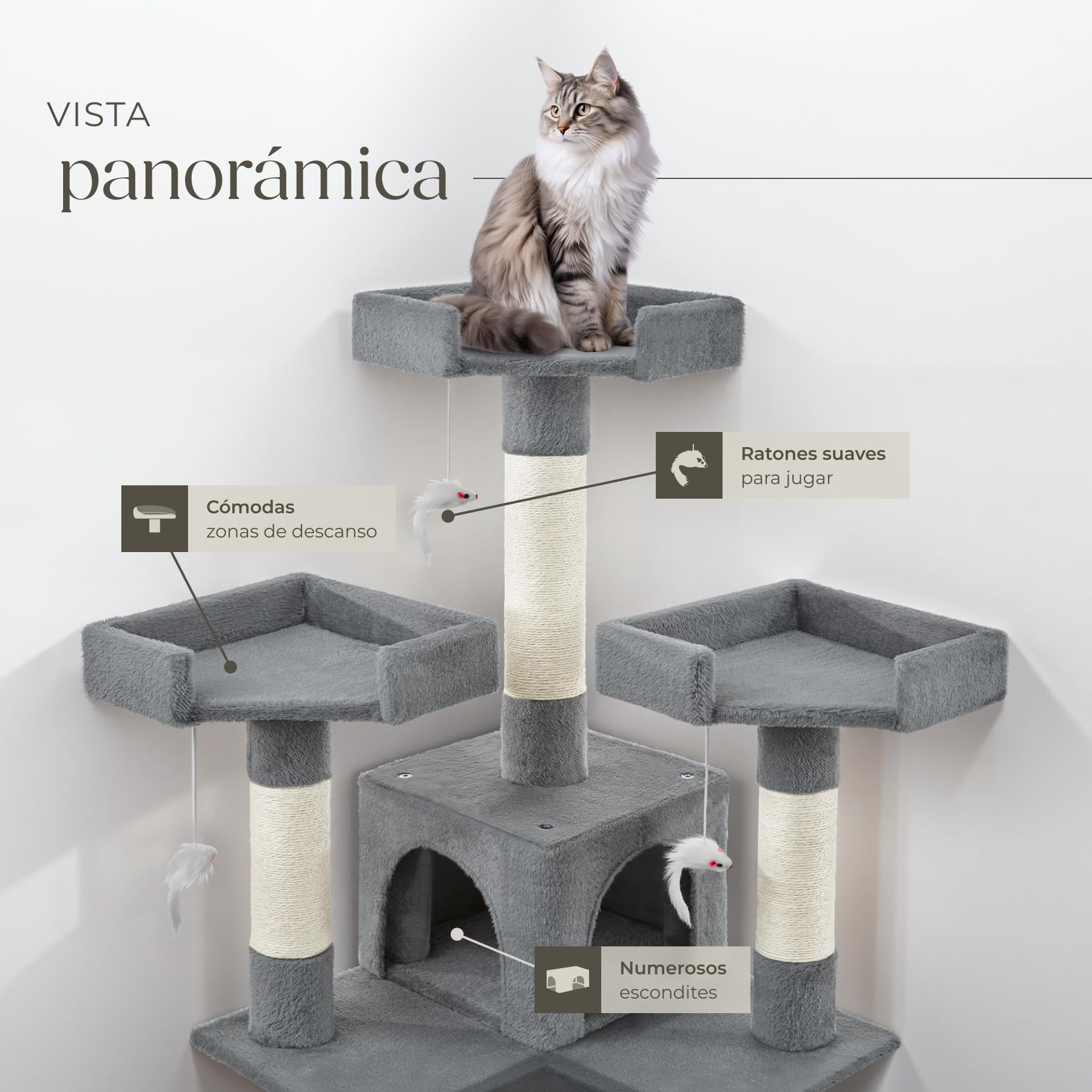 TecTake® Árbol para gatos Rascador para gatos de sisal H170 cm, Juegos para gatos Apartamento Accesorio Rascador Nido Cama Cesta Cama para gatos Juego de ratón Escalera
