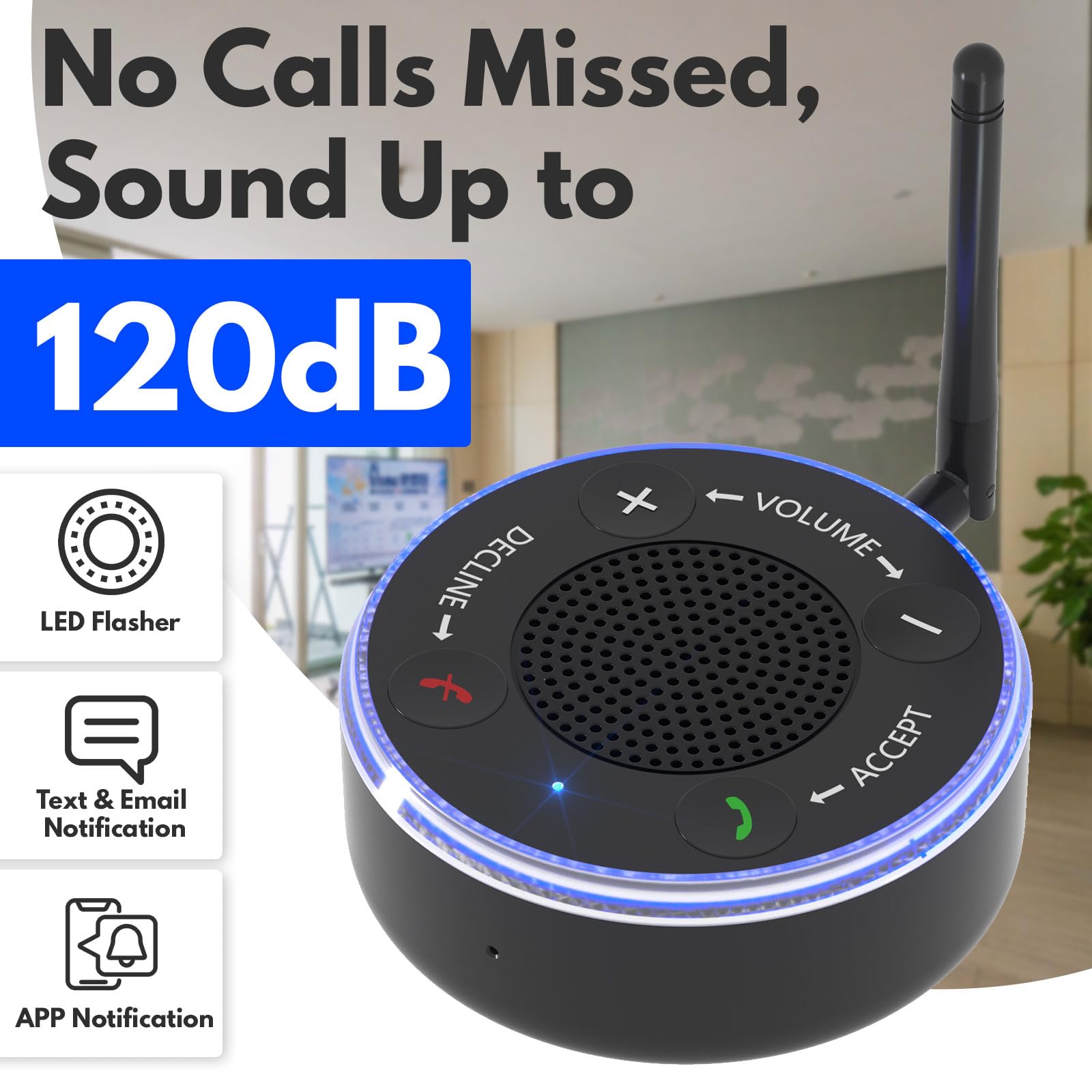 Amplificatore di suoneria del telefono cellulare forte 120dB con lampeggiante rosso e blu | Nessuna chiamata persa | Prodotti per non udenti | Booster altoparlante wireless per telefono