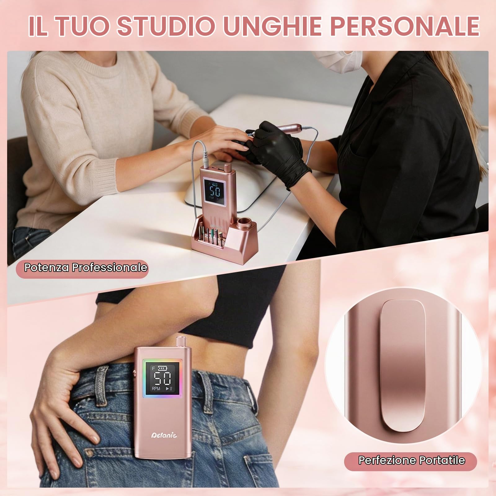 Delanie Fresa per Unghie Professionale 50000 Giri con Stazione di Ricarica, Lima Elettrica per Unghie Senza Fili per Acrilico e Gel, Autonomia 10 Ore, Funzione Pausa, 12 Punte Incluse
