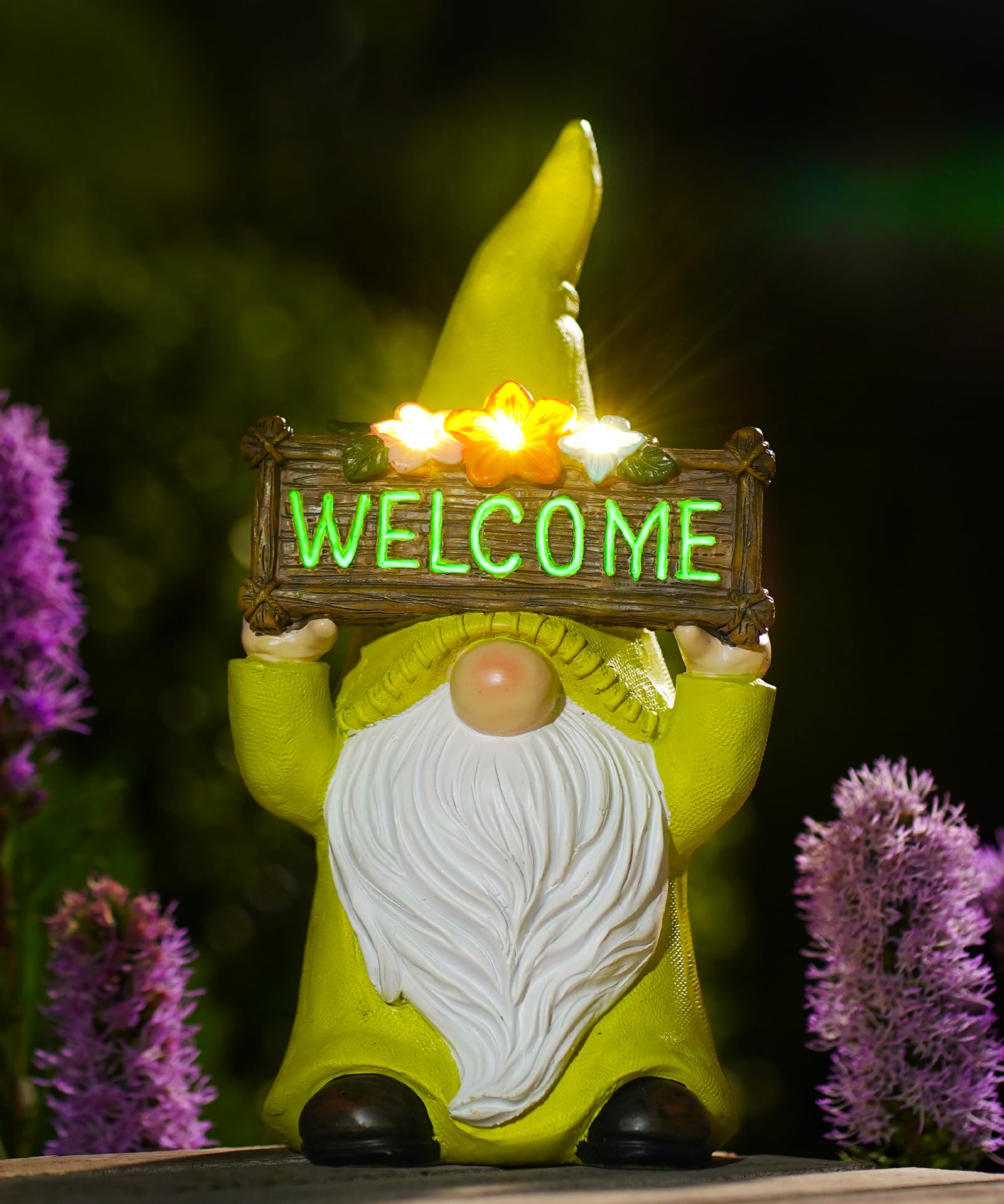 Yeomoo Nano da giardino a energia solare con cartello di benvenuto e fiori per esterni, decorazione da giardino, divertente gnomo, decorazione solare, regalo per donne, uomini, mamme, compleanno