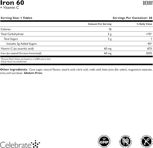 Miniatura 10 de Celebrate Vitamins Hierro bariátrico con vitamina C  60 mg de hierro suave masticable, sabor cítrico torcido, 30 unidades  Vitaminas bariátricas