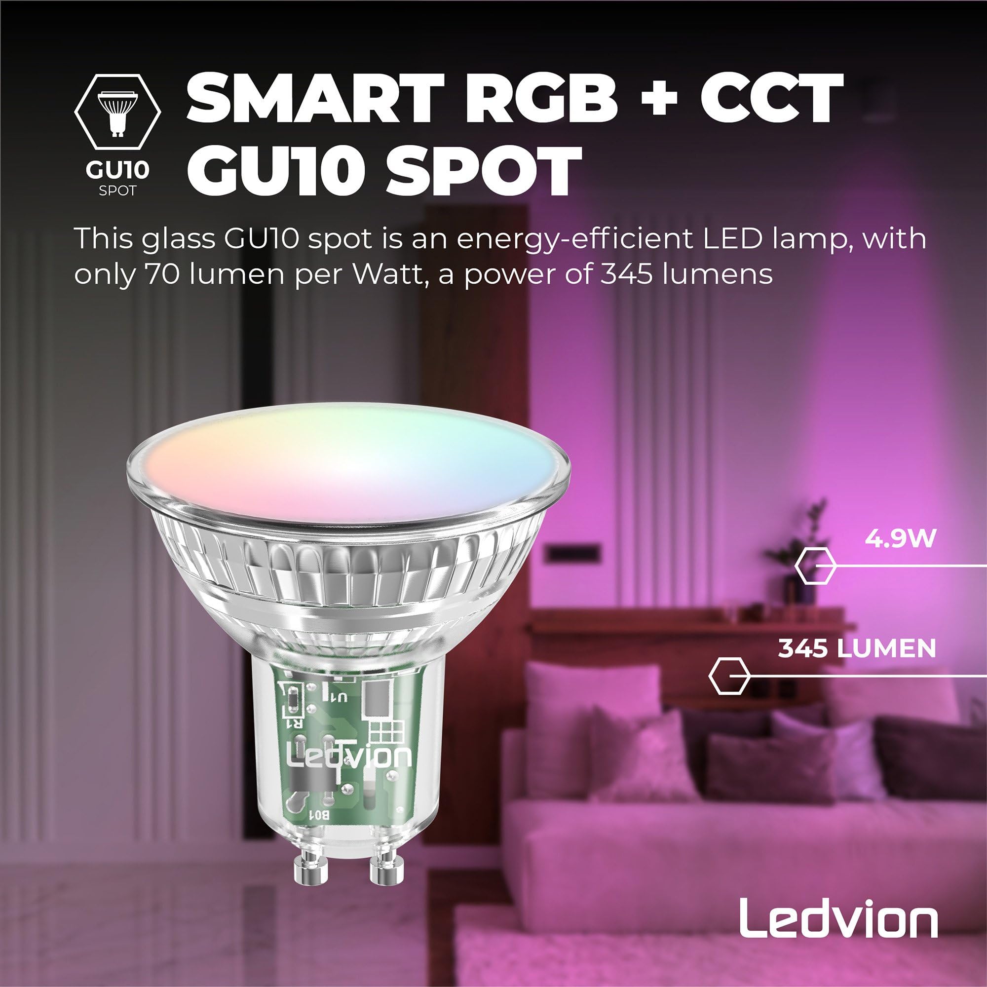 Ledvion - 10x Smart RGB+CCT GU10 LED Spot, 5W, 345 Lumen, Dimmbar, Wi-Fi Beleuchtung, Wi-Fi Licht, Alexa & Google Home