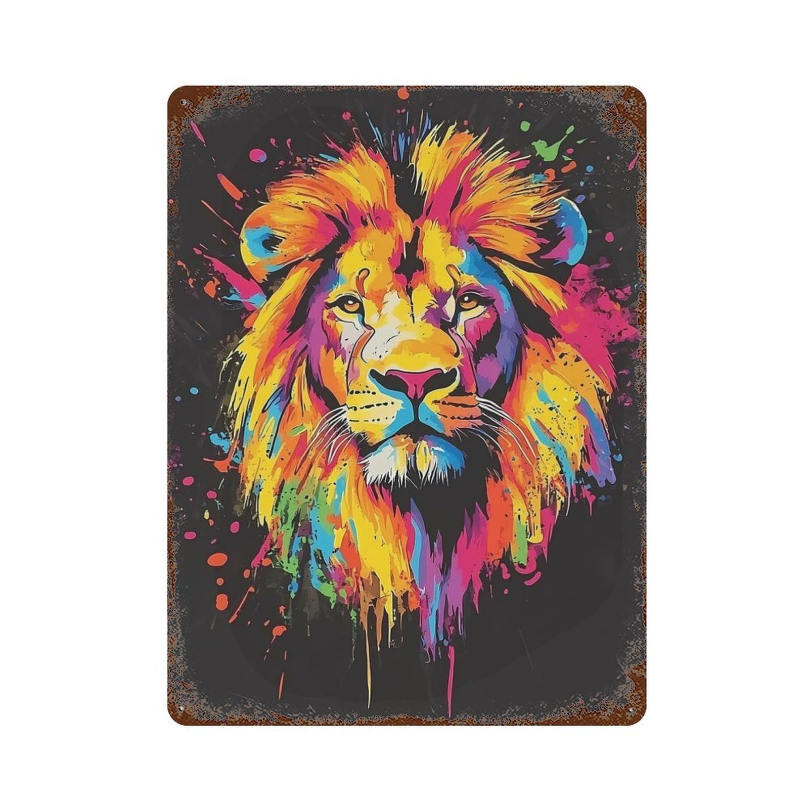 Colorful Lion Portrait Vintage Wall Sign 15.7"x11.8", Rust Effect Metal Decor for Cafe, Home Bar And Lounge Decor
