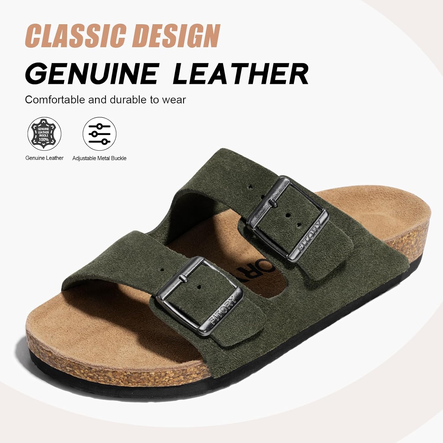 FITORY Mens Leather Sandals with Arch Support, Open Toe Slides Adjustable Buckles for Summer Size 7-13 - Image 2