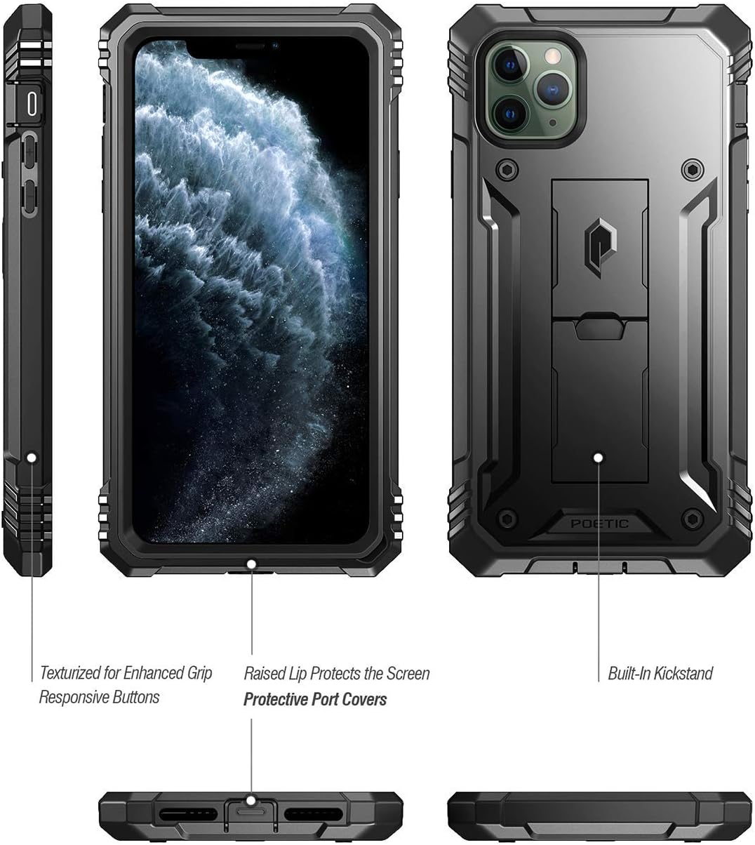 Poetic iPhone 11 Pro Max Rugged Case with Kickstand, Full-Body Dual-Layer Shockproof Protective Cover, Built-in-Screen Protector, Revolution Series, for Apple iPhone 11 Pro Max (2019) 6.5 Inch, Black