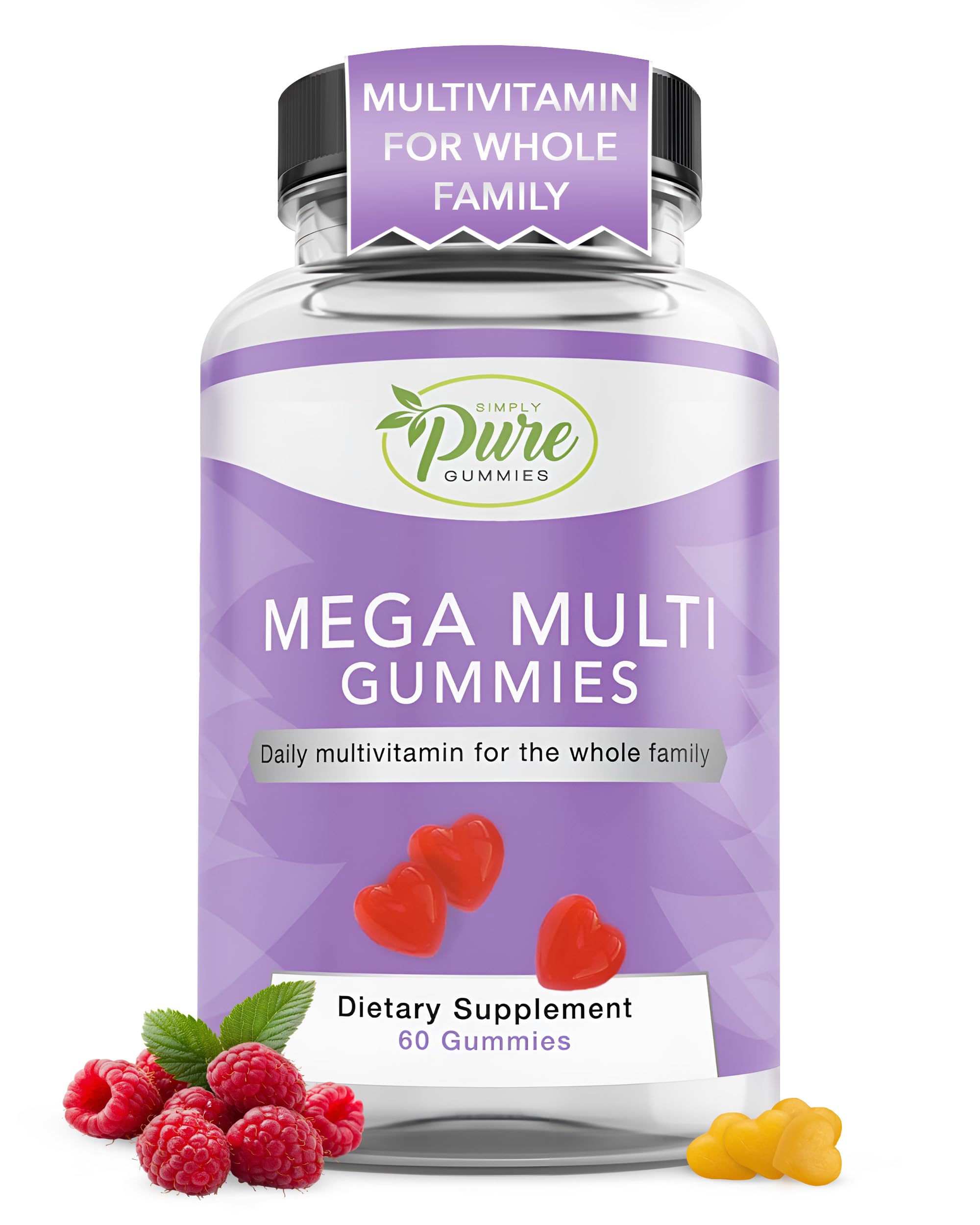 Pure By Nature Mega Multi Gummies - Daily Multivitamin for Men, Women & Kids, Essential Vitamins A, C, D2, E, K, Biotin & Folic Acid, Natural Flavor, 60 Count Multivitamin Gummies Supplement