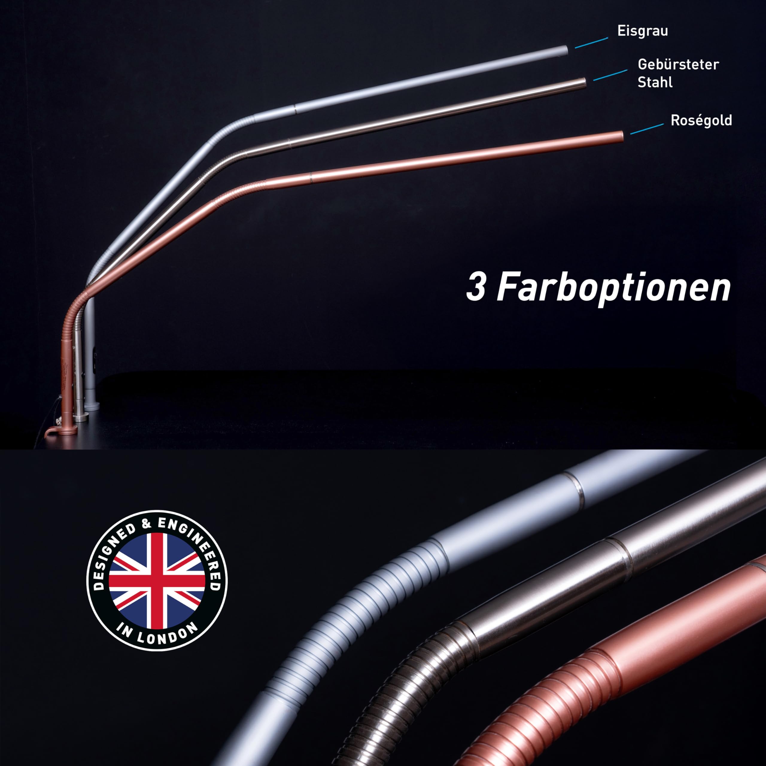 Daylight Slimline 4™ LED Tischlampe – 6000K, 3200 Lux, 4 Helligkeitsstufen, USB-C-Ladeanschluss, Blendschutz-Diffusor, Verstellbare Schreibtischleuchte für Kunst, Basteln Gebürsteter Stahl