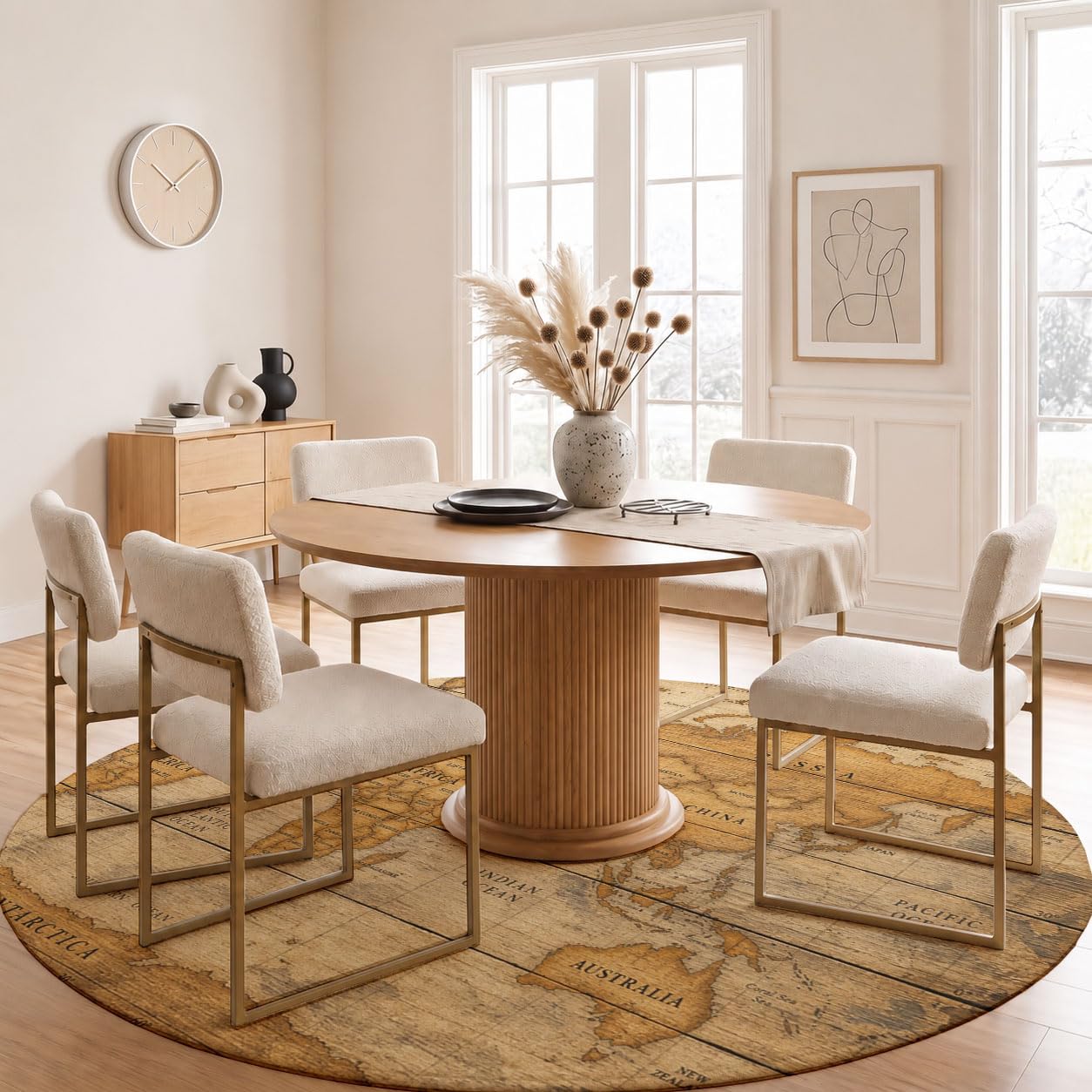 Tapis Salon Rond 180cm Carte du Monde Boussole Lavable | Antidérapant Poil Ras Tapis Rond Style Nautique Rétro pour Chambre Salle a Manger Salon Décoration D'intérieur