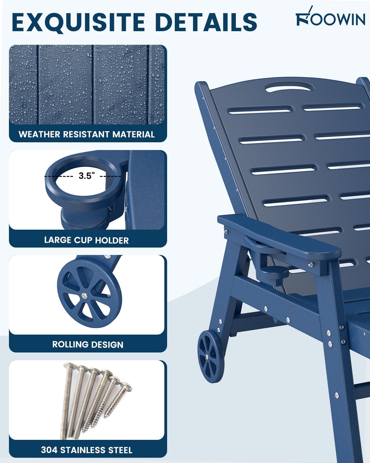 FOOWIN Chaise Lounge Chair Set of 2，HDPE Lounge Chair Outdoor with 5 Positions,Oversized Pool Lounge Chairs with Rolling Wheels & Cup Holder for Poolside Deck Backyard,Blue