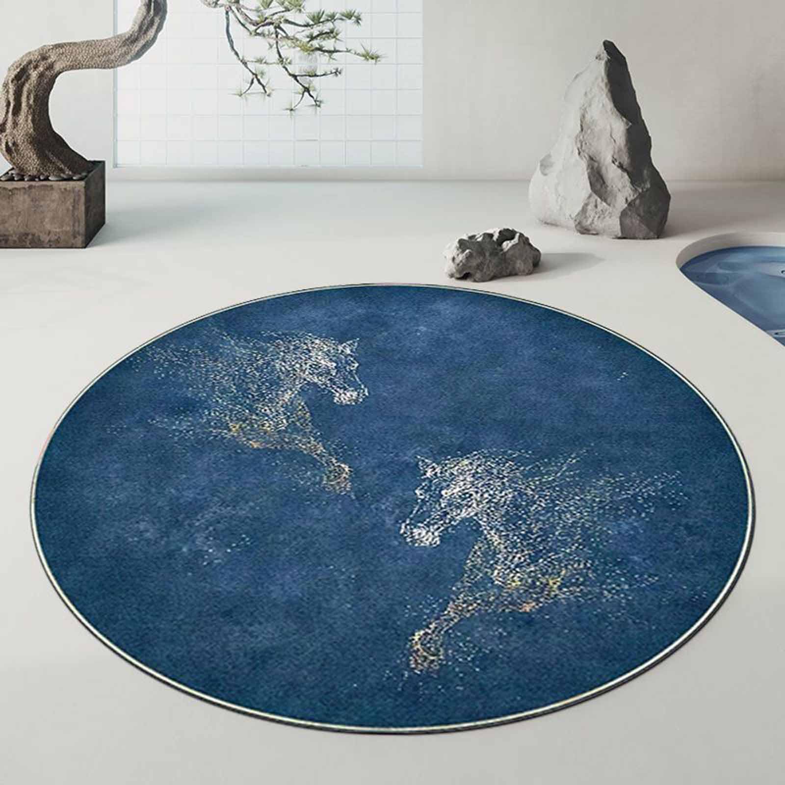 Tapis Contemporains Ronds pour de Salon Bleu Or 60cm 80cm 100cm 120cm 140cm 160cm 180cm 200cm Tapis Facile à Nettoyer Salle de Jeux Chambre