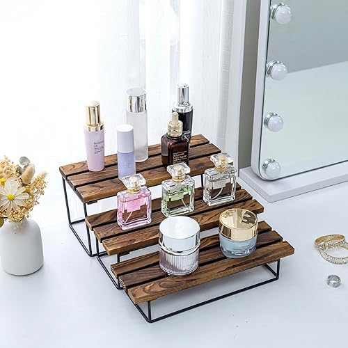 Miniatura 3 de MyGift Soporte rectangular rústico de madera maciza quemada y alambre de metal negro de 3 niveles para postres, juego de 3