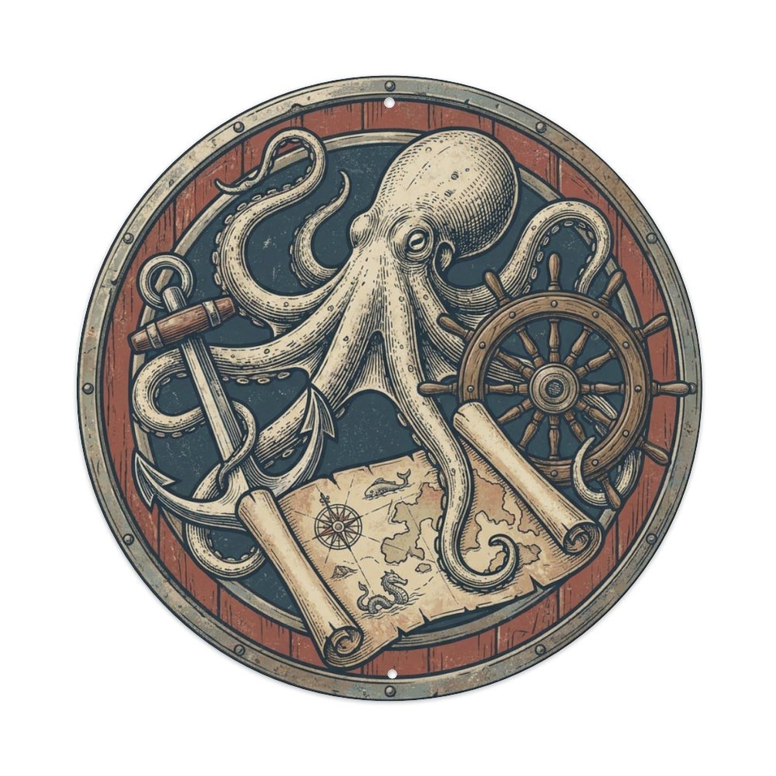 Olhnbad Style Octopus Anchor Ship Wheel Map Maritime Myth Metal Tin Sign