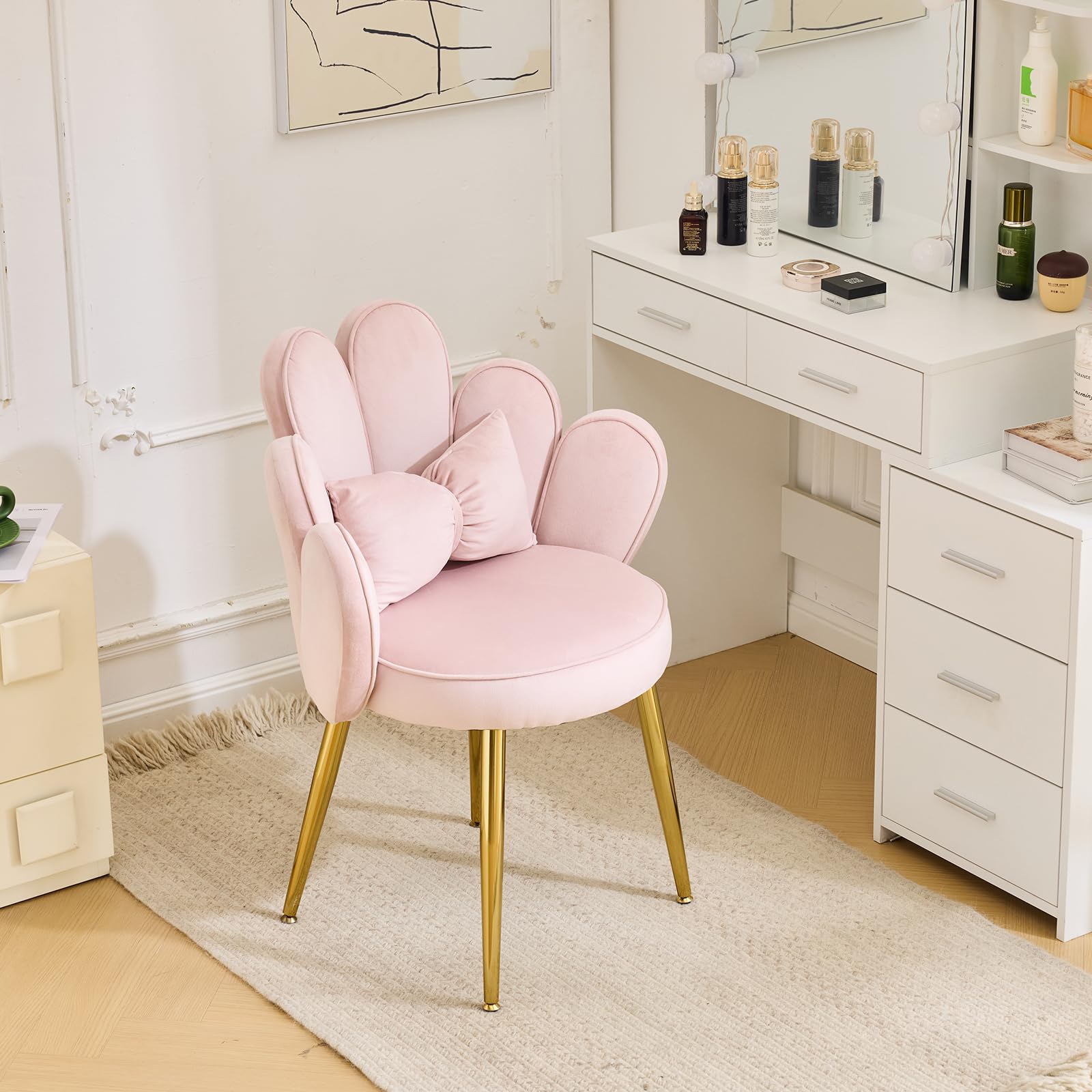 Schminktisch Stuhl mit Blütenblatt-Rückenlehne, Sessel Wohnzimmer, Lesesessel mit Schleifenkissen (Rosa)
