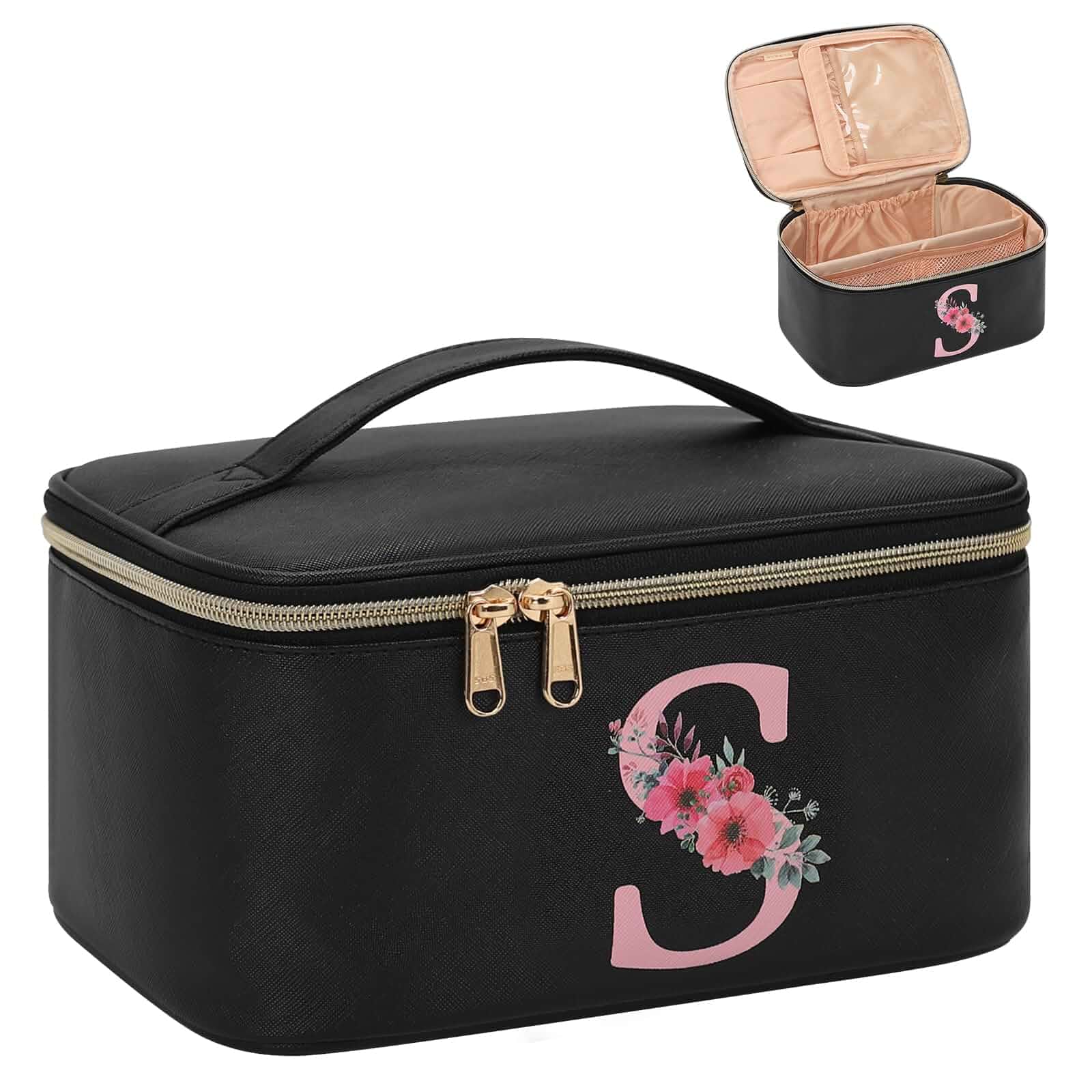 OCHEALInitial Makeup Bag,Monogram Make up Bag Black Travel Makeup Organizer Case Beauty Toiletry Cosmetic Bag with Brush Holder, Trendy Stuff Personalized Gifts for Women and Girls-S Solid