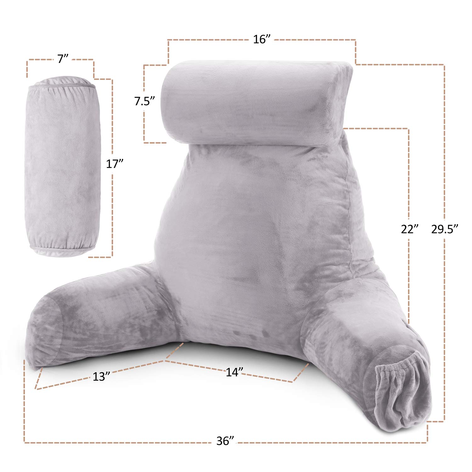 Clara Clark Reading Pillow Adult, Back Pillow for Sitting in Bed - Shredded Memory Foam Reading & Bed Rest Pillow with Arms and Pockets - Bed Pillows for Sitting Up In Bed - Large, Light Gray Lavender