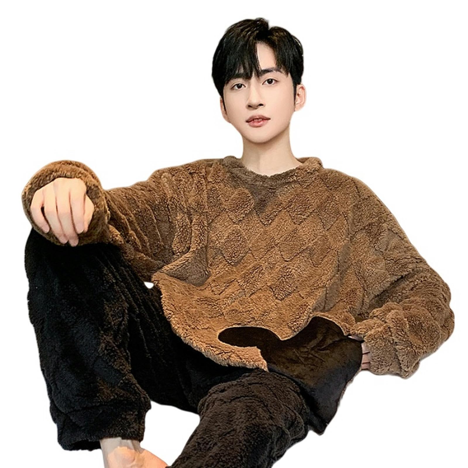 Pigiama in Flanella Pigiatura da Uomo A Manica Lunga Jacquard Abiti da Casa Peluche Inverno Sciolto Caloroso Set A Due Pezzi-Black+caffè-XXL