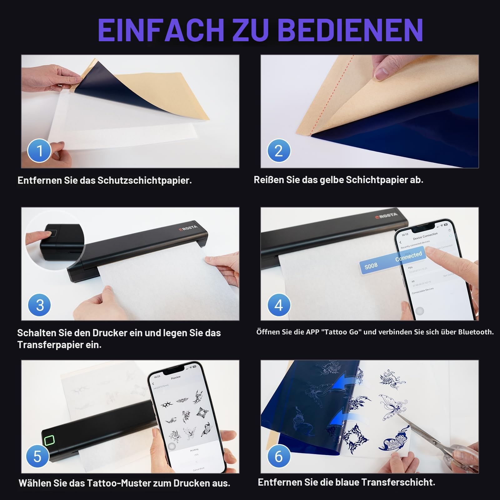 ORGSTA S008 Tätowier Schablonendrucker Bluetooth Thermodrucker Tattoo mit 10 Stück Papier, Tattoo Vorlage Ducker Kabelloser Thermodrucker für Künstler und Anfänger